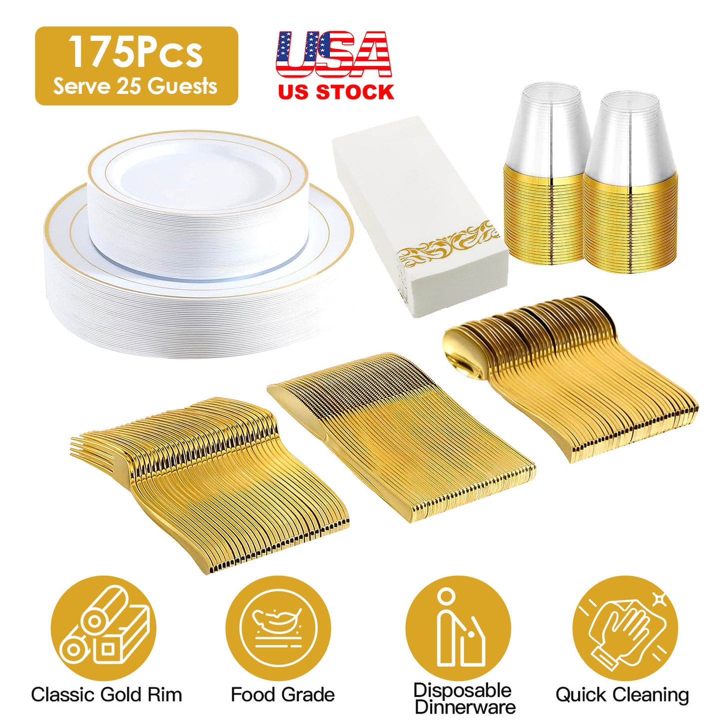 Disposable Gold Rim Dinnerware Set - 175 Pieces for 25 Guests