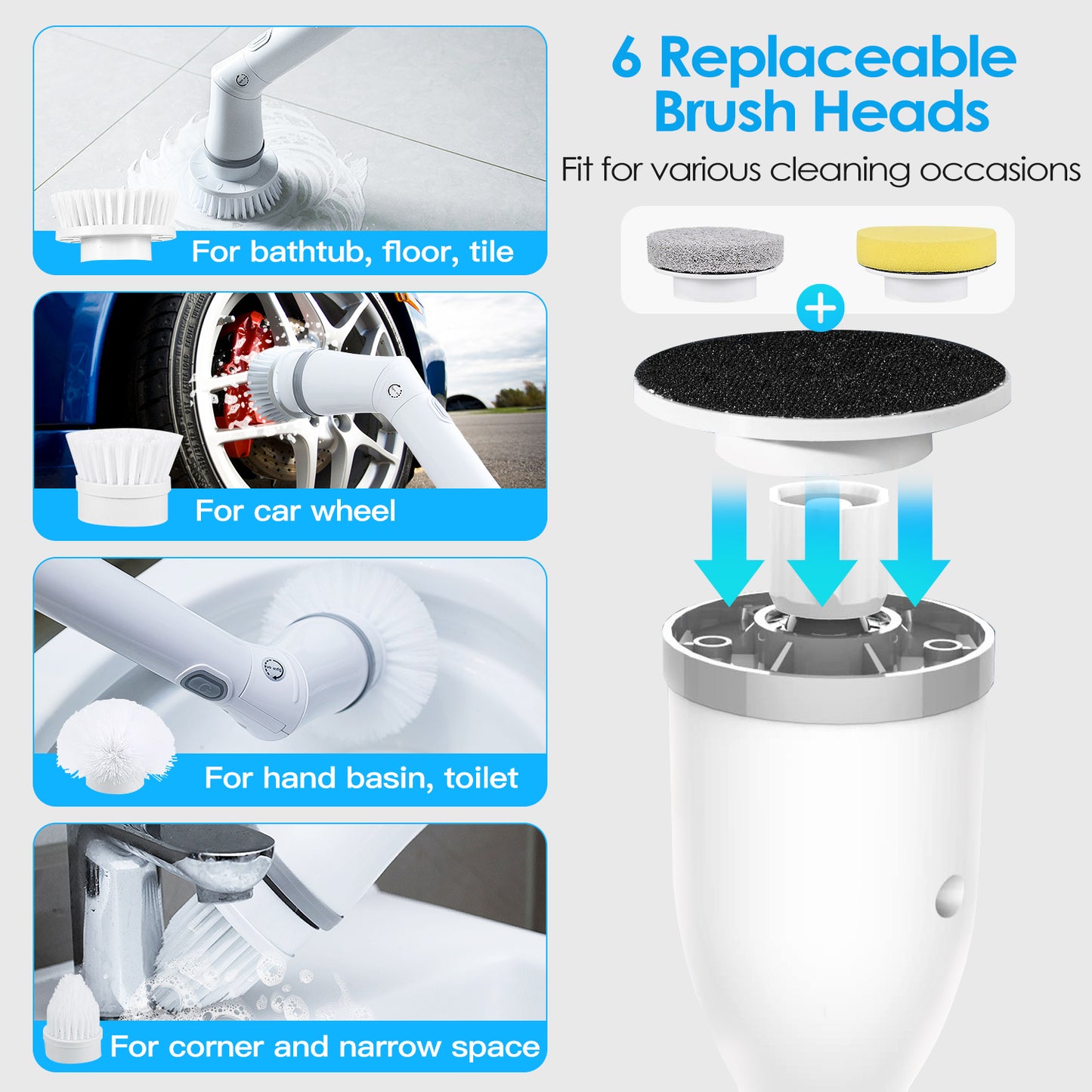 Electric Spin Scrubber with Telescopic Arm & 6 Brush Heads