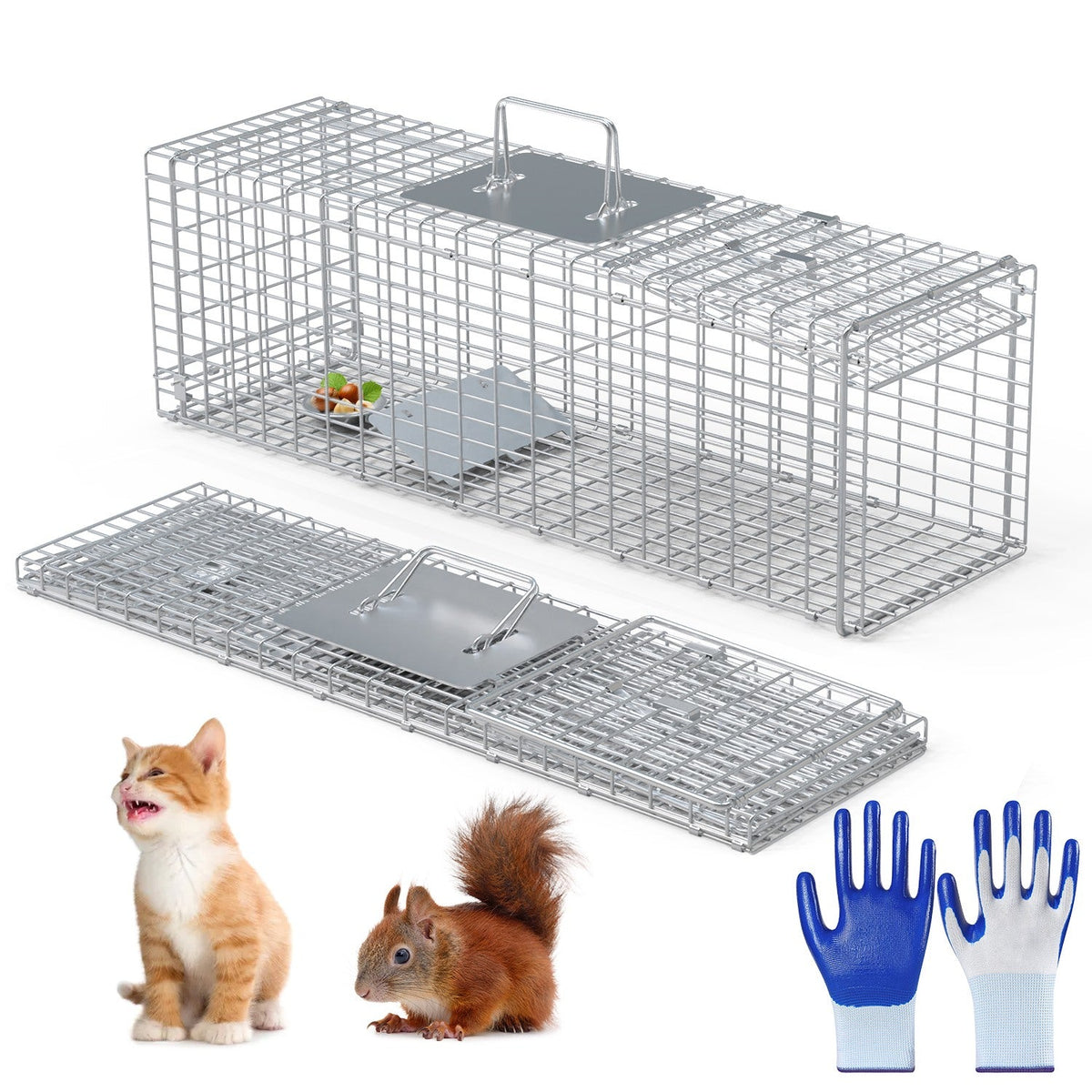 Live Animal Trap Cage 27x7.5x8in Folding Catch and Release Steel Humane Cat Trap for Racoons Stray Cats Rabbits Beavers Hedgehogs Chipmunk Small Anima