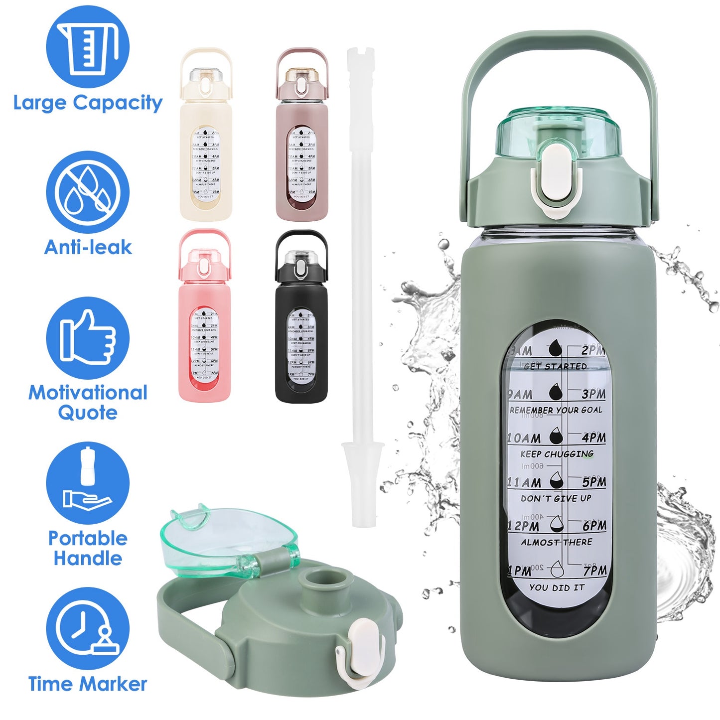 Glass Water Bottle with Time Marker & Straw - 32oz Motivational