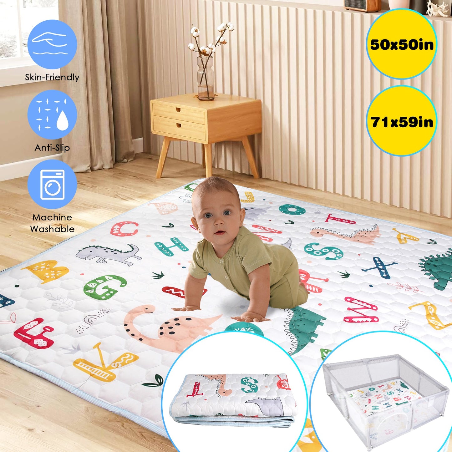 Baby Play Mat 50x50IN Non-Slip Foldable Crawling Mat