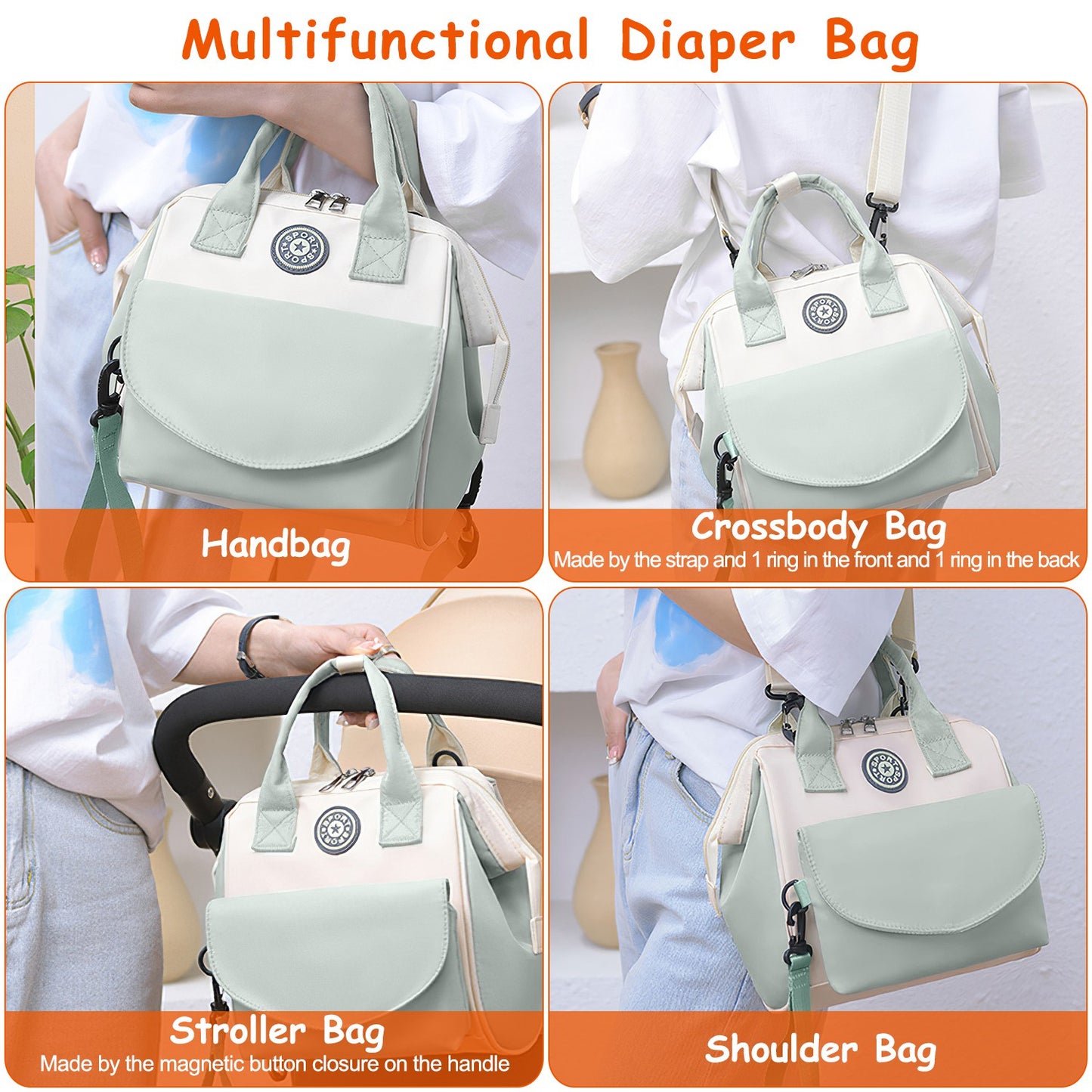 Diaper Bag with 6 Pockets and Detachable Small Bag