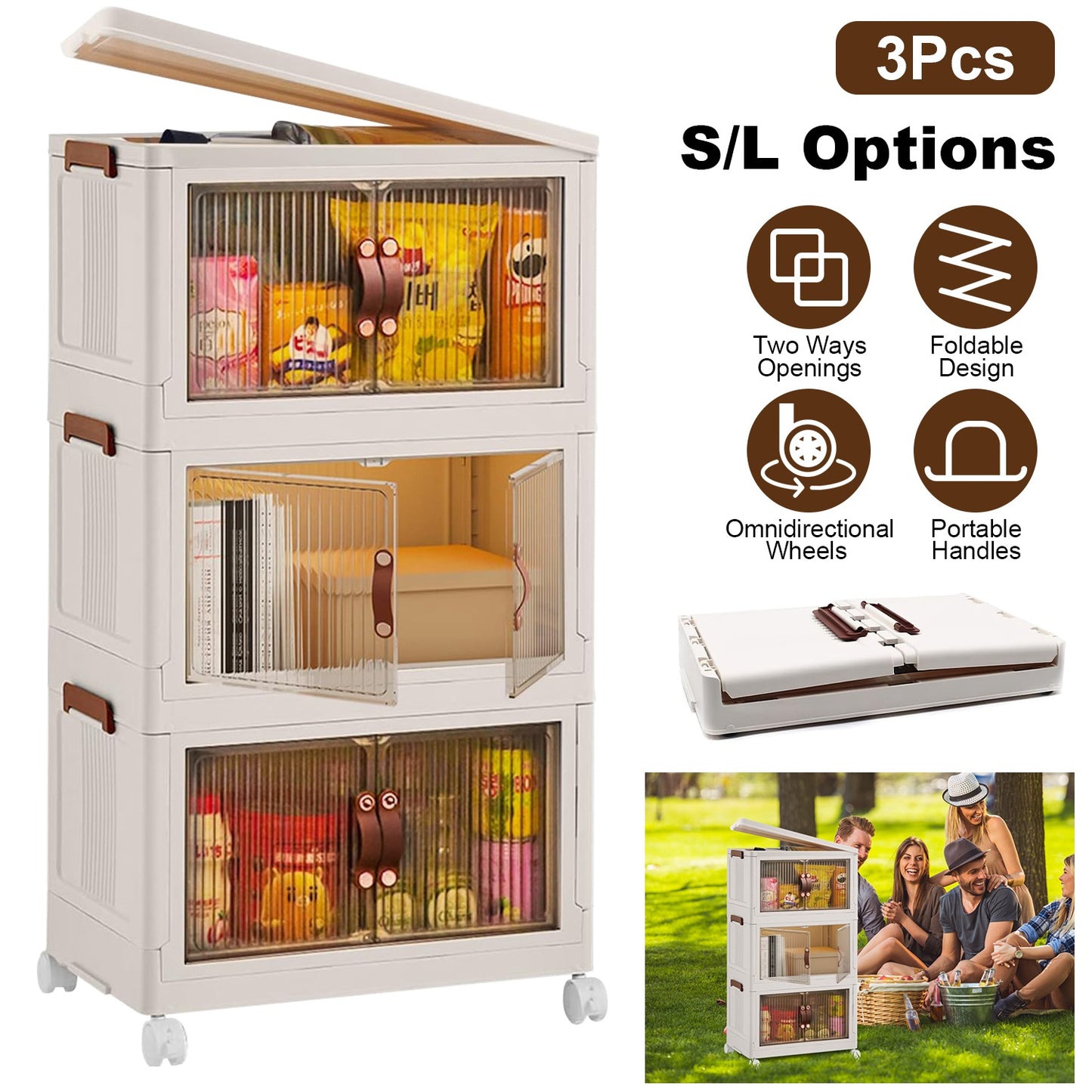 Foldable Storage Bins with Lids & Wheels - 3 Pack Stackable
