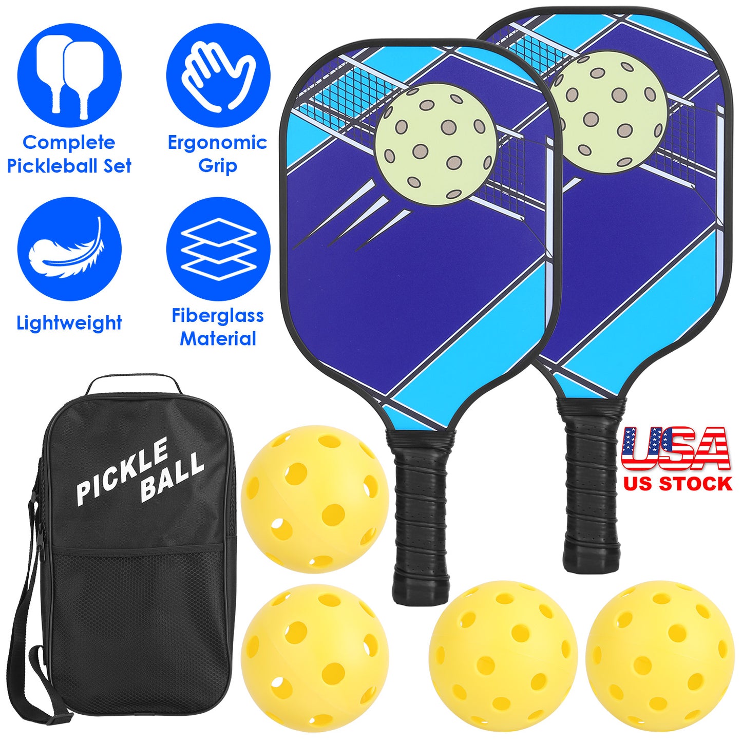 Pickleball Set with 2 Fiberglass Paddles & 4 Balls