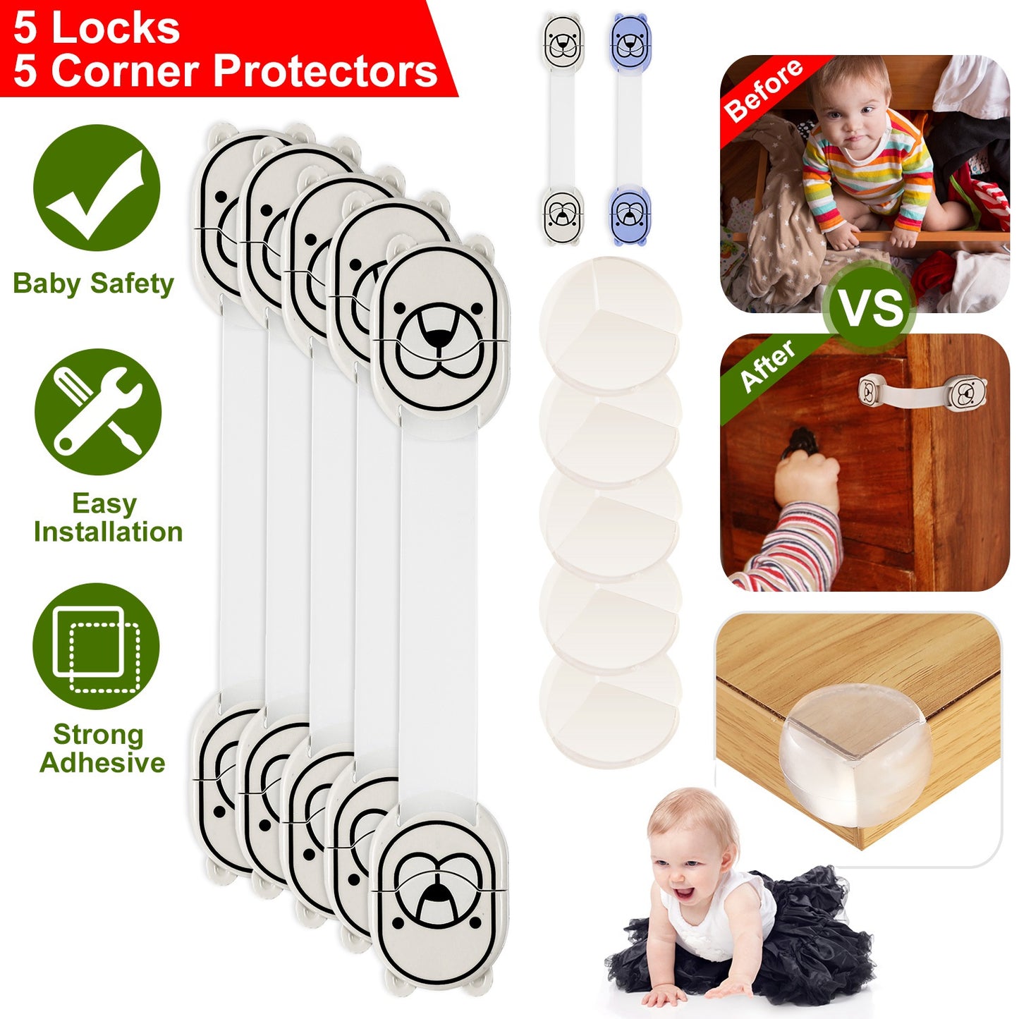 Child Safety Locks with Corner Protectors - 10 Piece Set