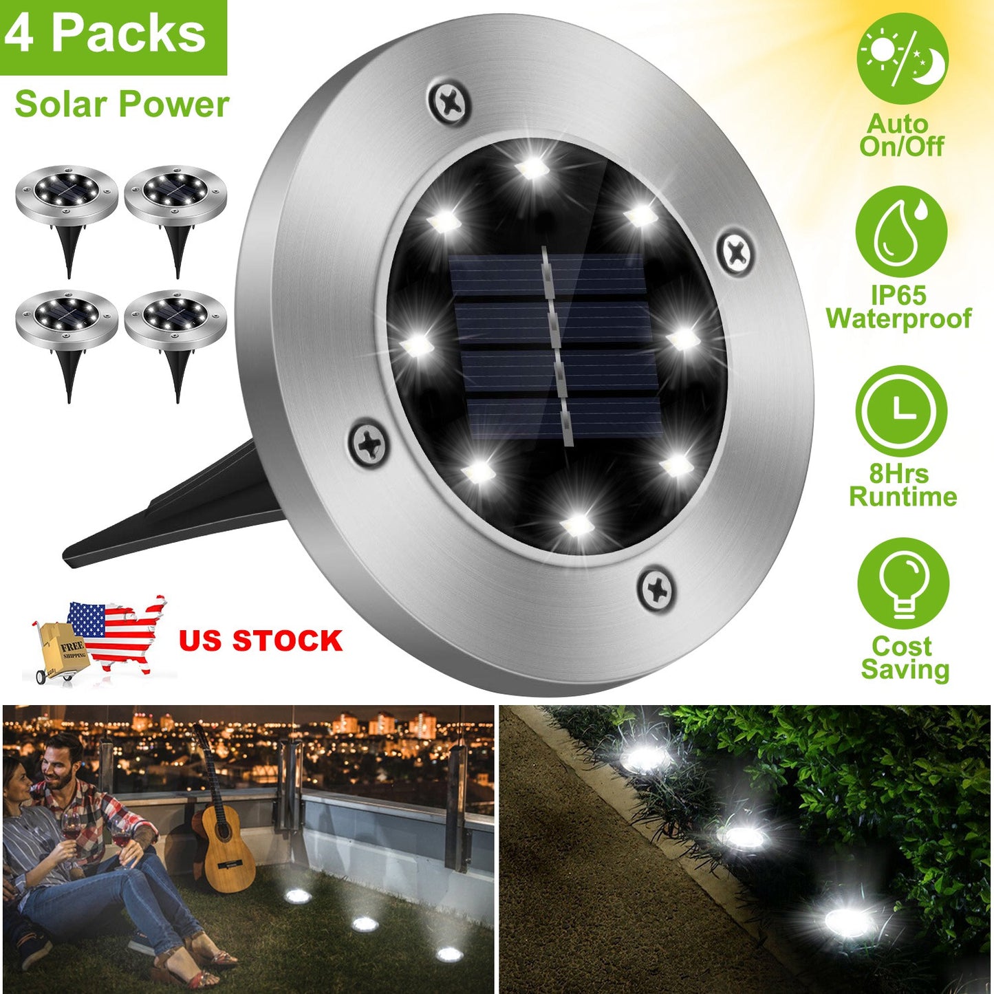 Solar Powered Ground Lights 4-Pack Waterproof Outdoor Path