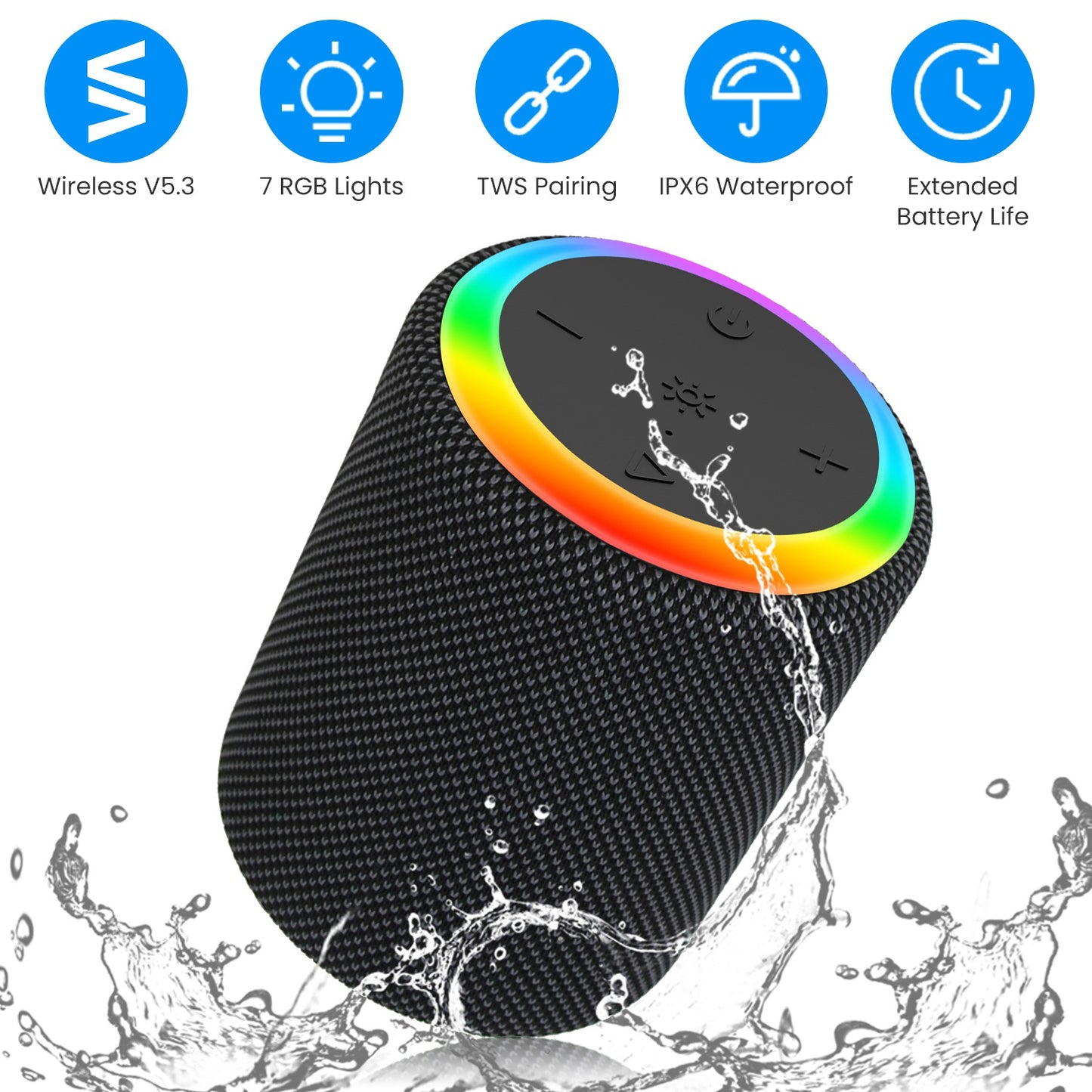 Portable Wireless Speaker with RGB Lights & IPX6 Waterproof