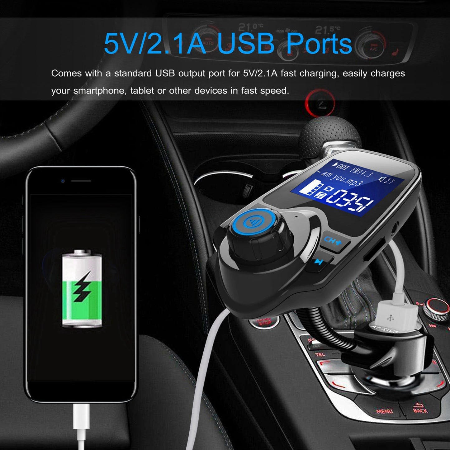 Wireless FM Transmitter with USB Fast Charge & Hands-Free Calling