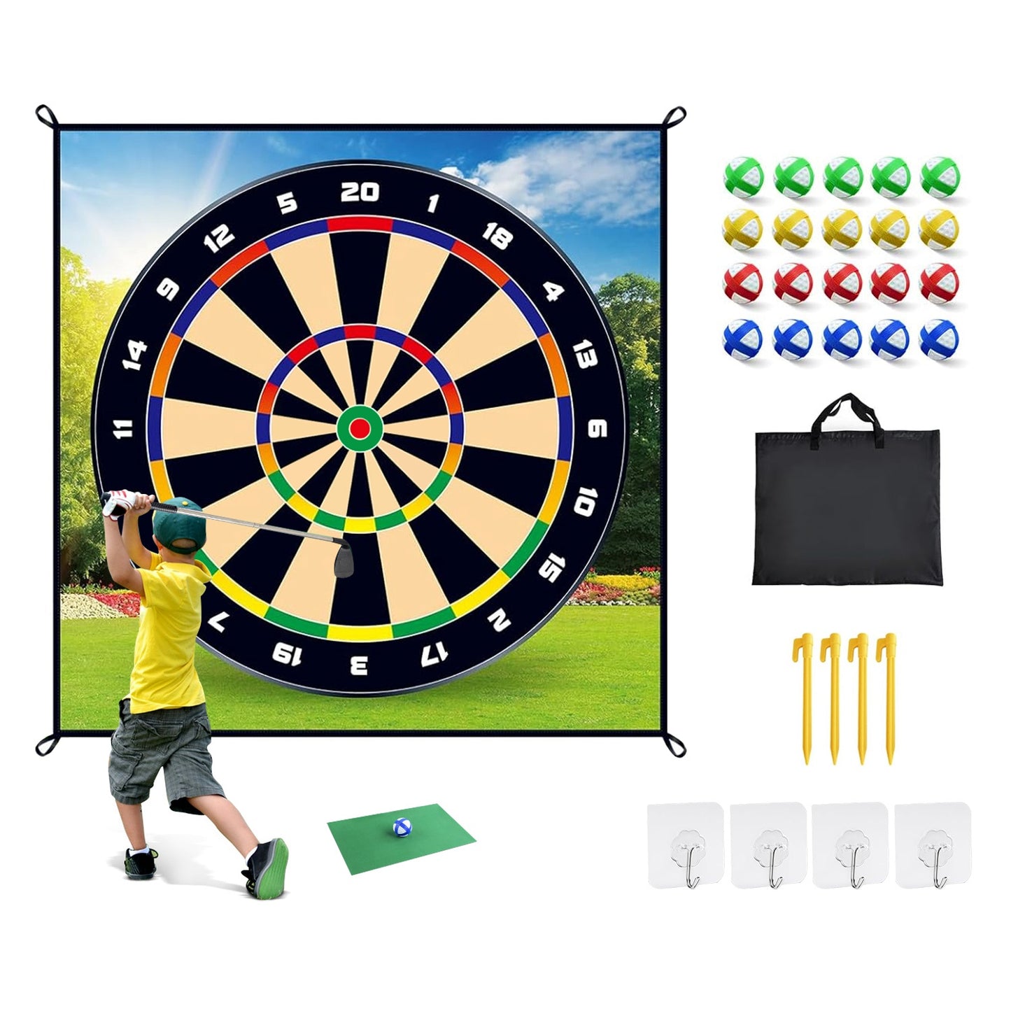 Golf Chipping Dart Game Mat Set with 20 Sticky Balls
