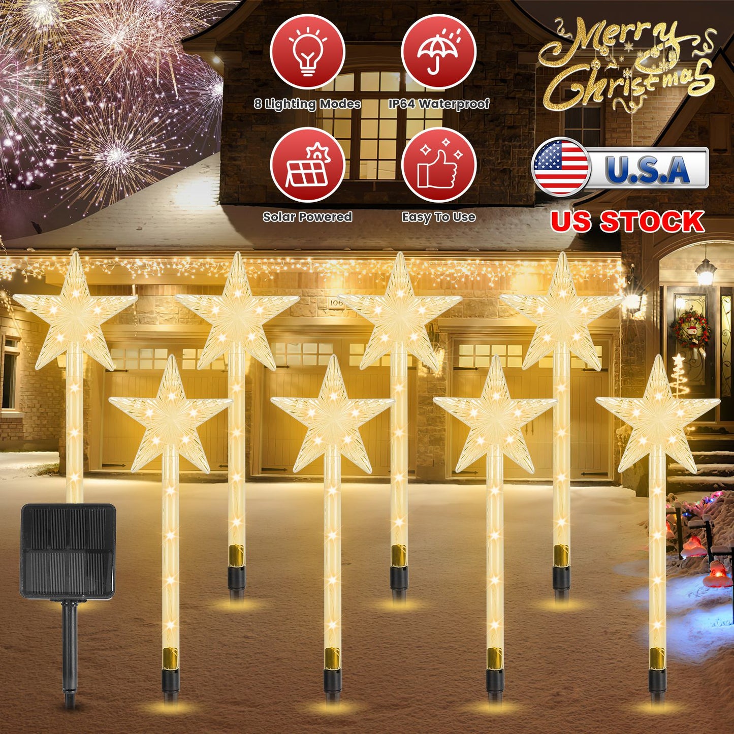 Solar Christmas Star Stake Lights 8-Pack with 8 Lighting Modes