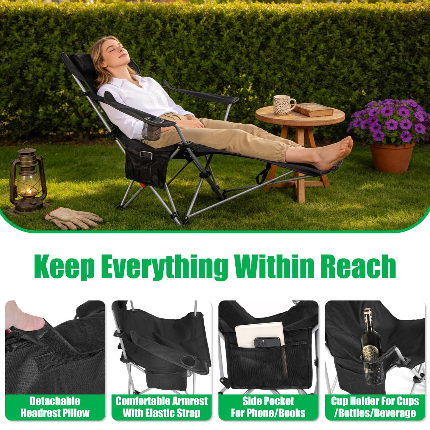 Reclining Camping Chair with Footrest - 4-Position Adjustable