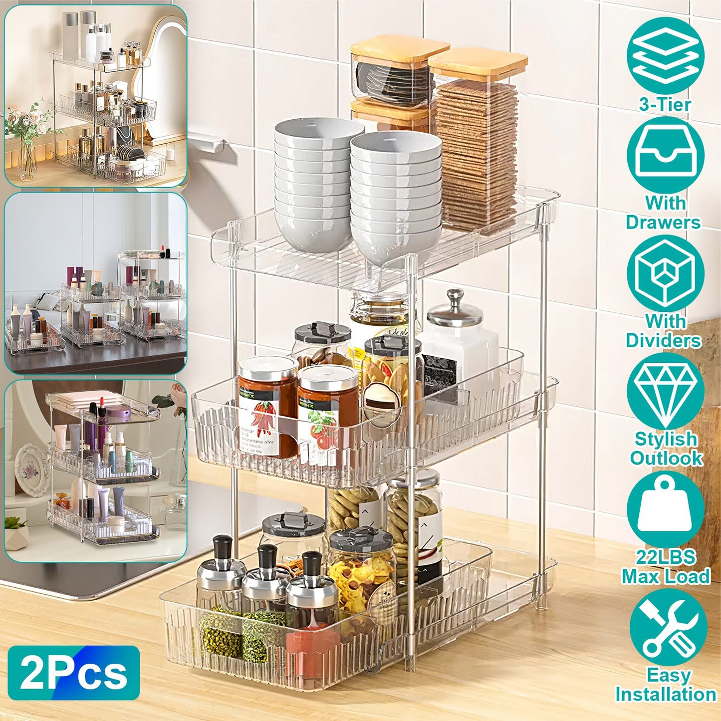 3-Tier Clear Bathroom Organizer with Drawers (2-Pack)