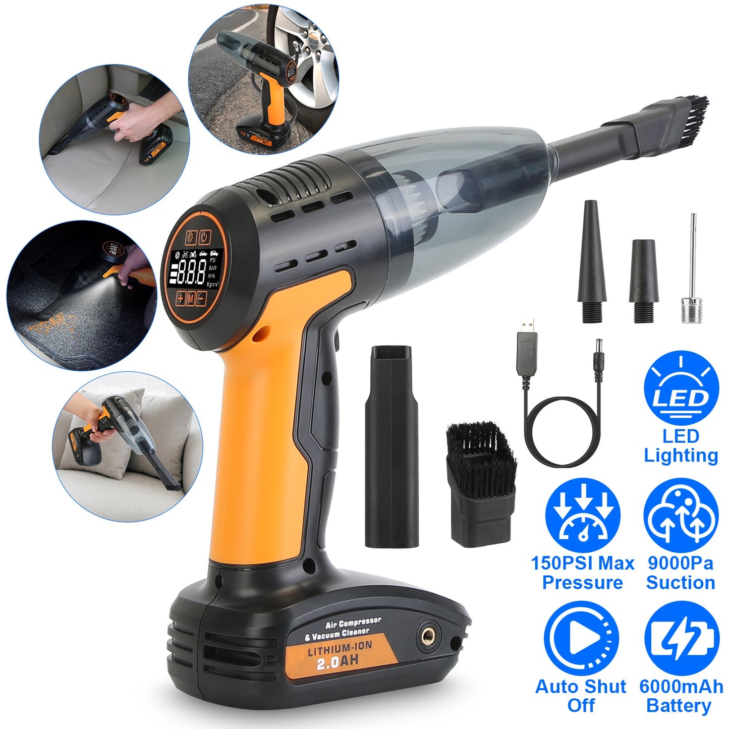 4-in-1 Cordless Car Vacuum Cleaner & Tire Inflator with LED