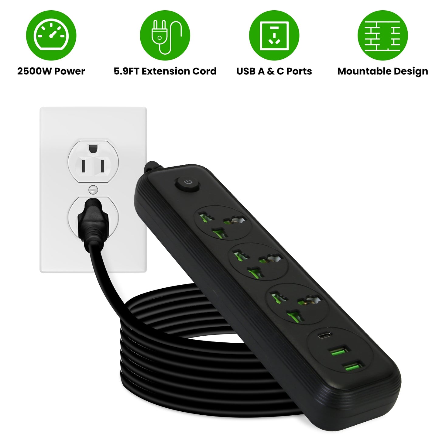 Power Strip with 5.9ft Extension Cord, 3 AC Outlets & USB Ports
