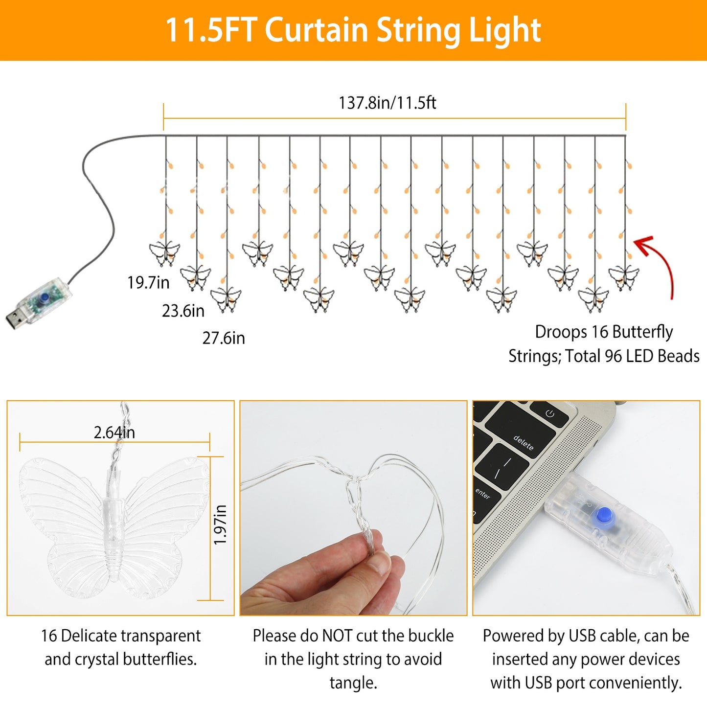 Butterfly Curtain String Lights with Remote - 96 LED, 11.5ft