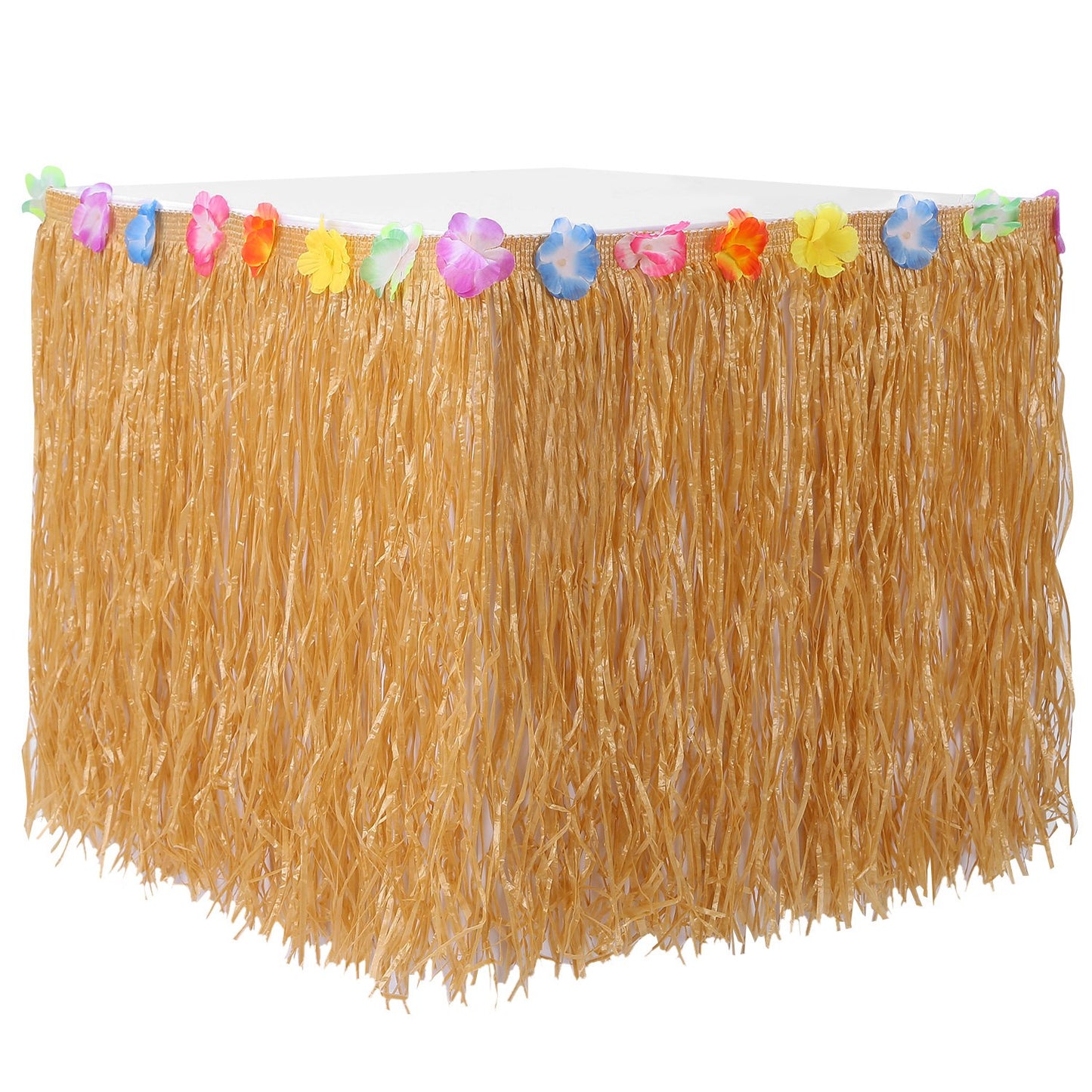 Grass Table Skirt with Hibiscus Flowers for Luau Party