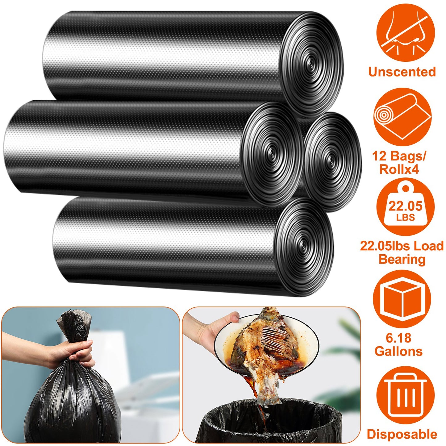 6.18 Gallon Trash Bags - 48 Count Black Unscented Liners