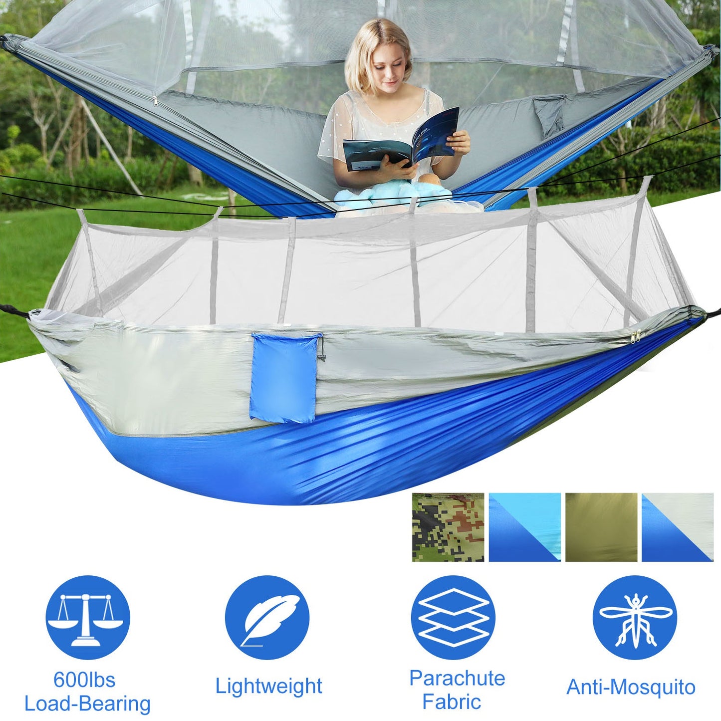 Camping Hammock with Mosquito Net - 600lb Capacity for 2 People
