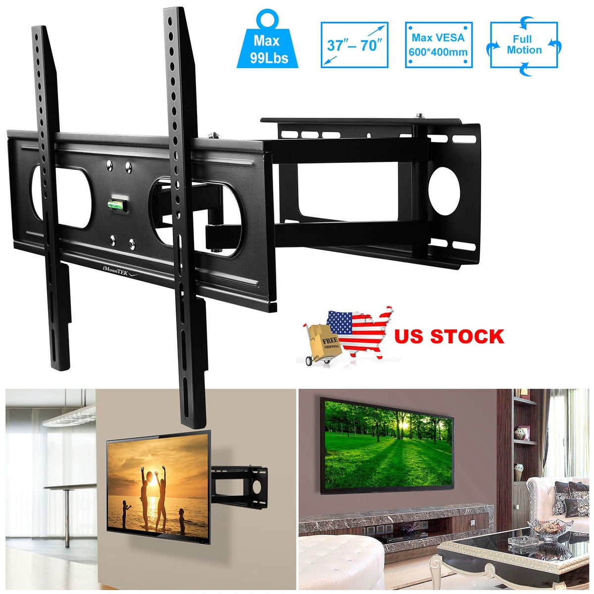 Full Motion TV Wall Mount Swivel Tilt TV Wall Rack Support 37-70Ó TV Wall Mount Max VESA Up To 600x400mm Holds Up To 99LBS