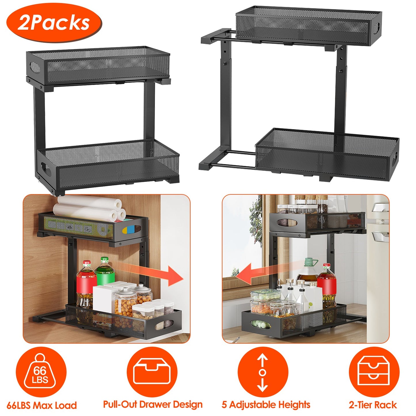 2-Tier Pull-Out Under Sink Organizer with Adjustable Height