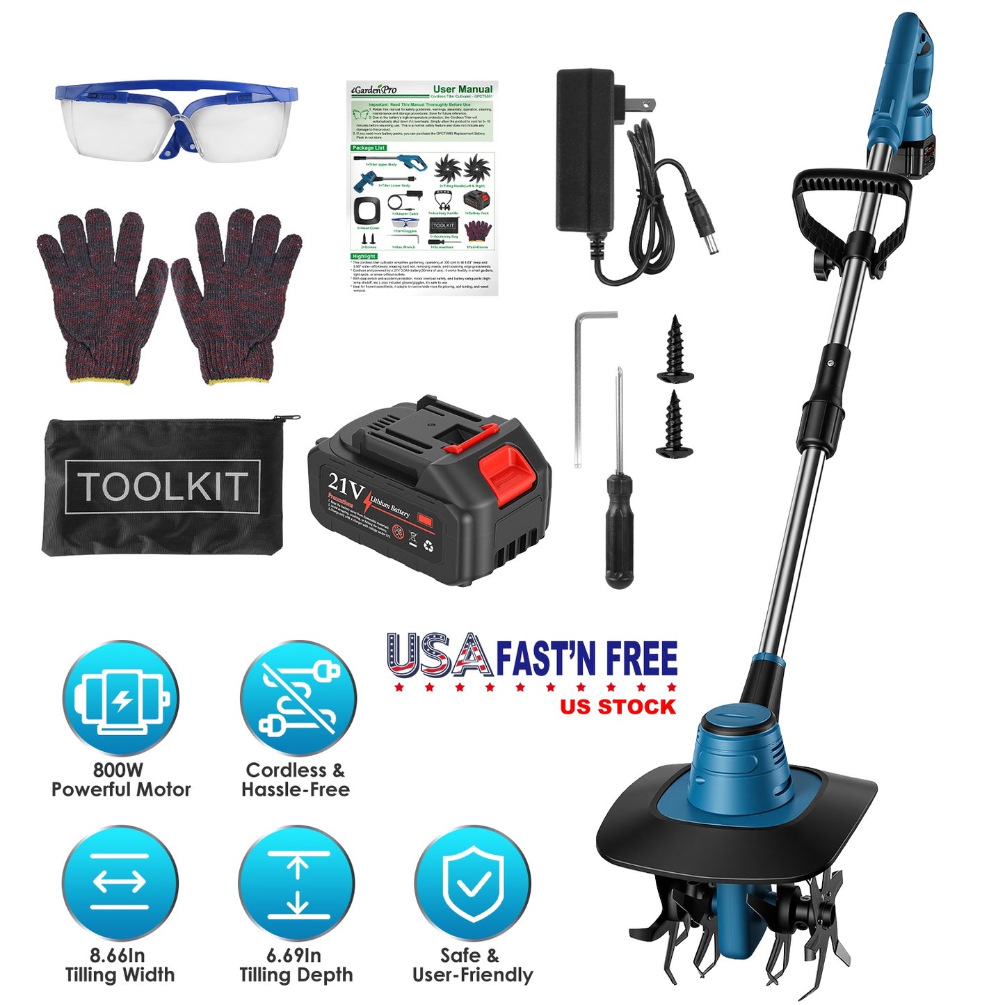 Cordless Tiller Cultivator 800W 21V Battery Powered Garden Tool