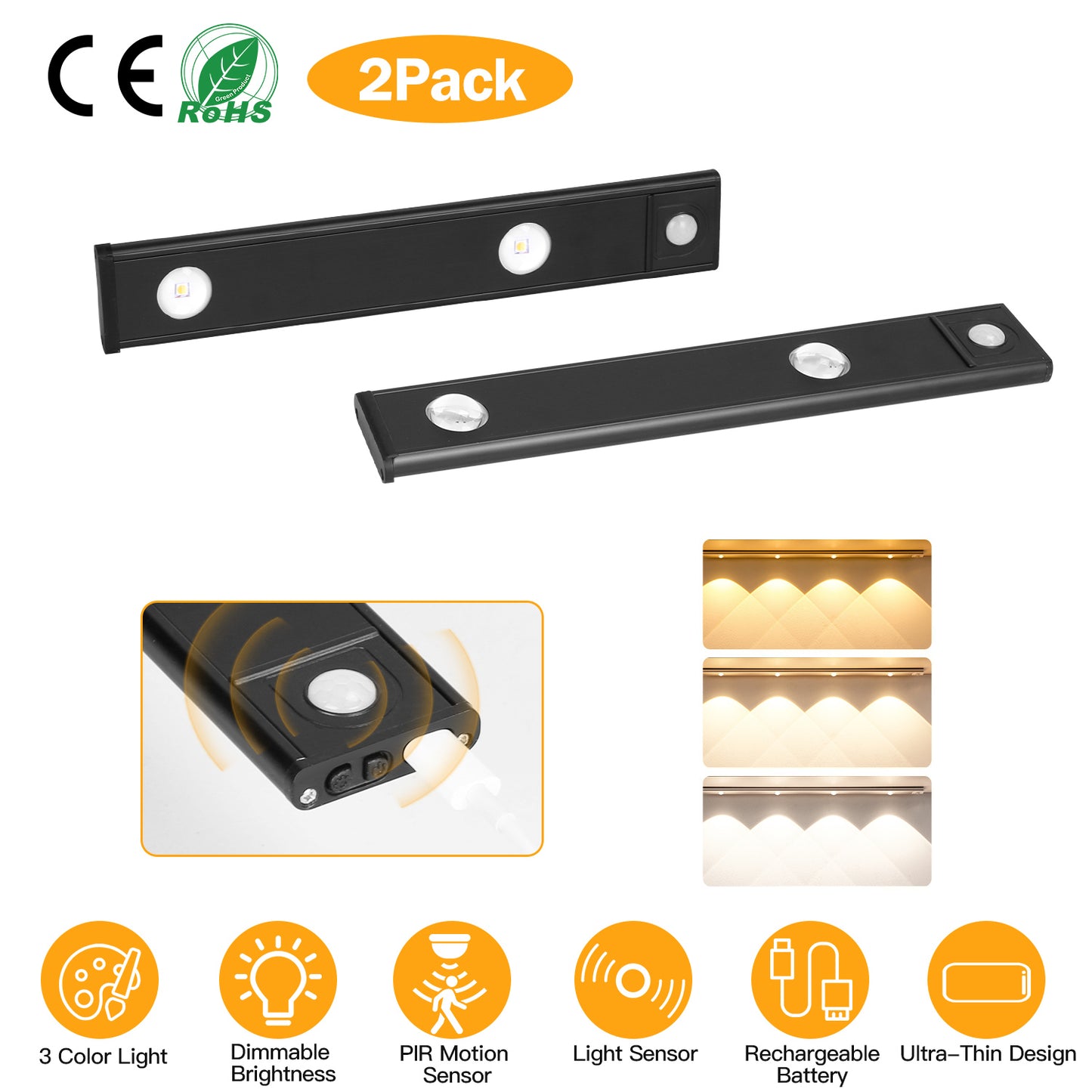 Rechargeable Motion Sensor Cabinet Light 2-Pack with 3 Colors