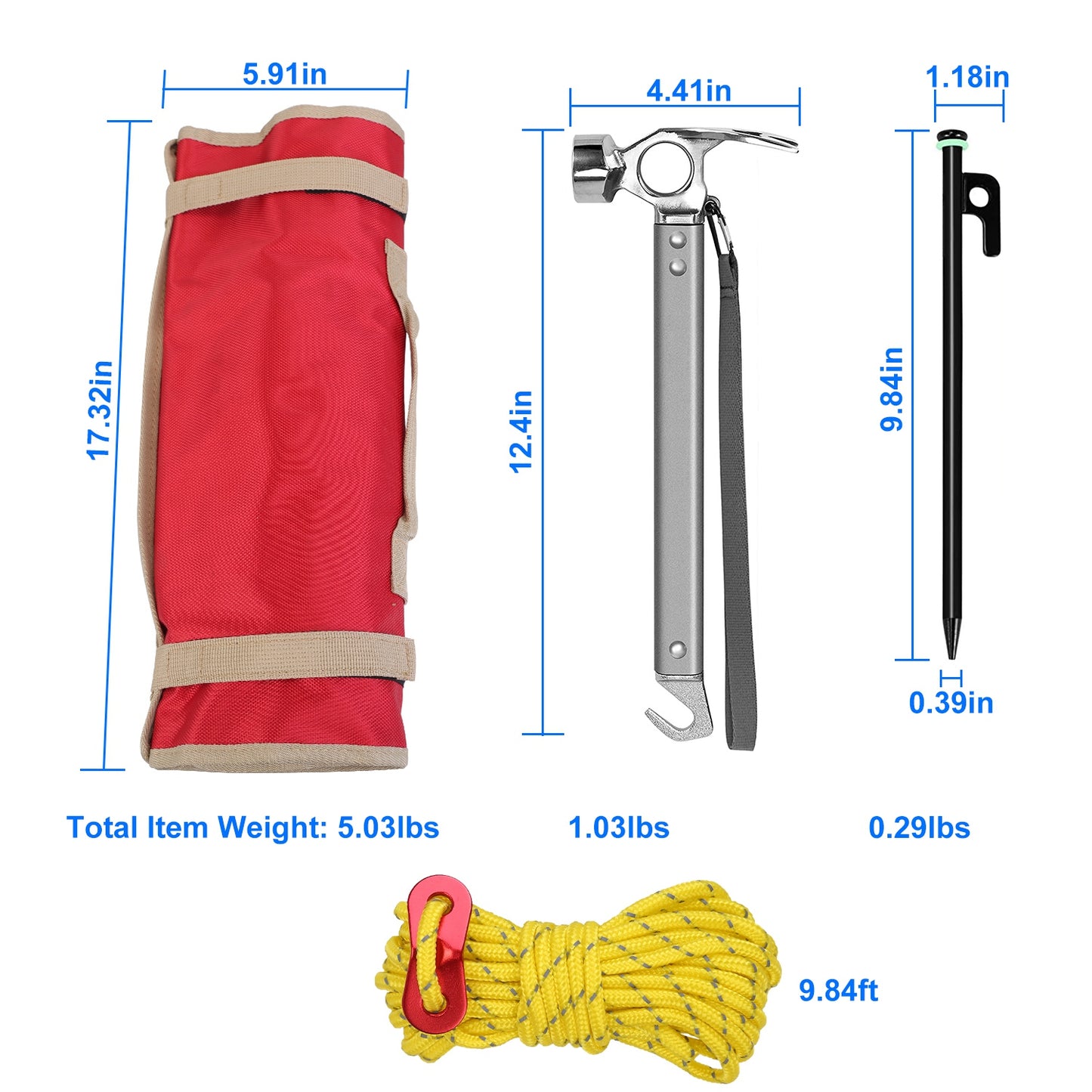 Tent Stakes Kit with Hammer and Reflective Ropes - 10 Stakes