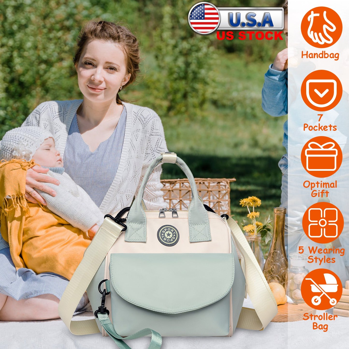 Diaper Bag with 6 Pockets and Detachable Small Bag