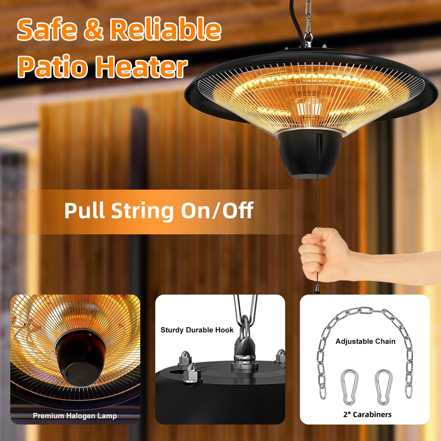1500W Hanging Patio Heater with IP23 Waterproof & 2 Heat Levels