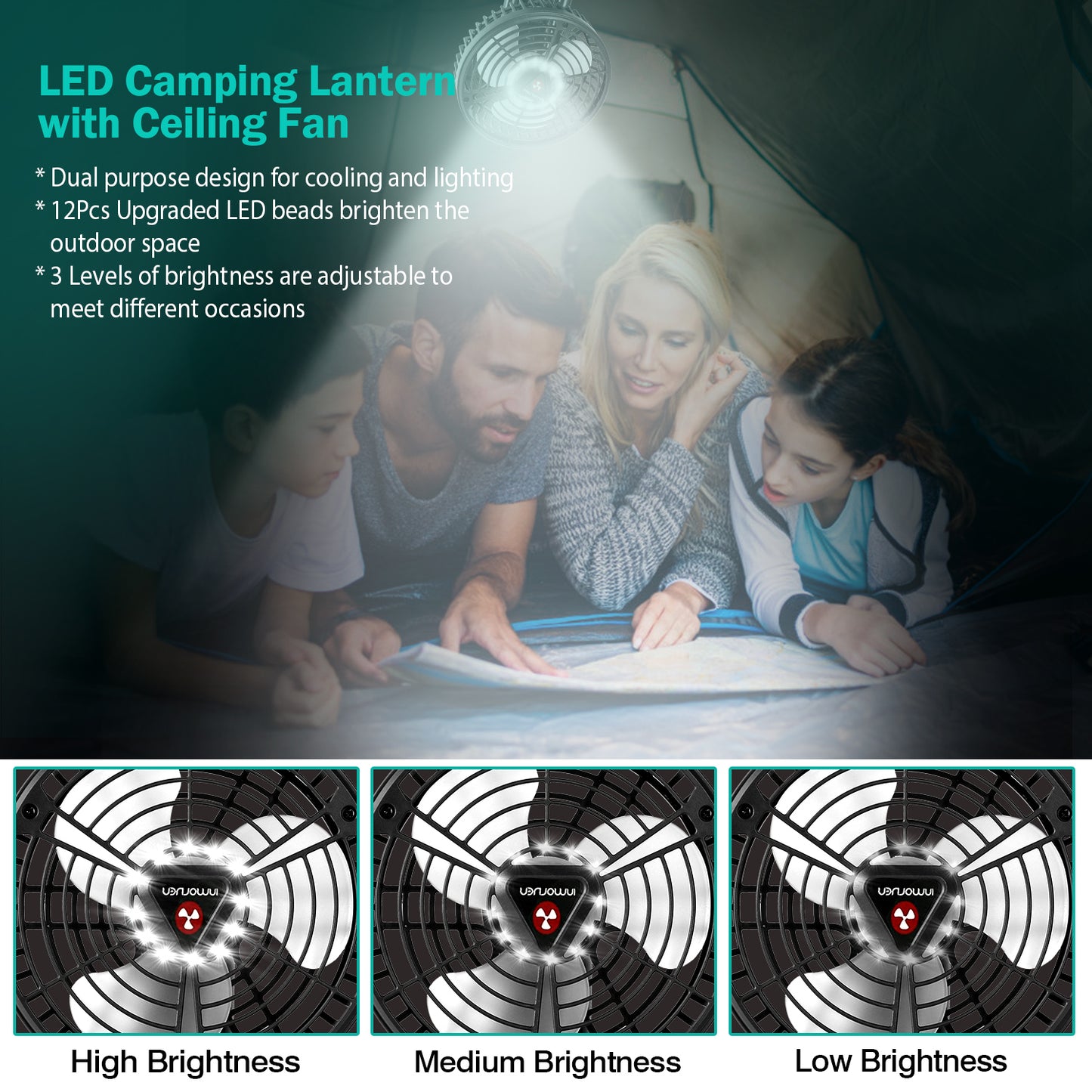 Camping Fan with LED Light & Power Bank - 270° Oscillating