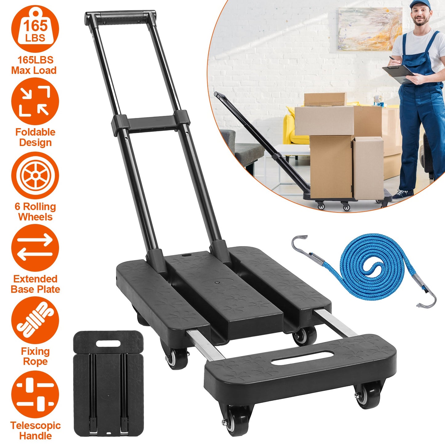 Folding Hand Truck with 165 lb Capacity & Telescopic Handle