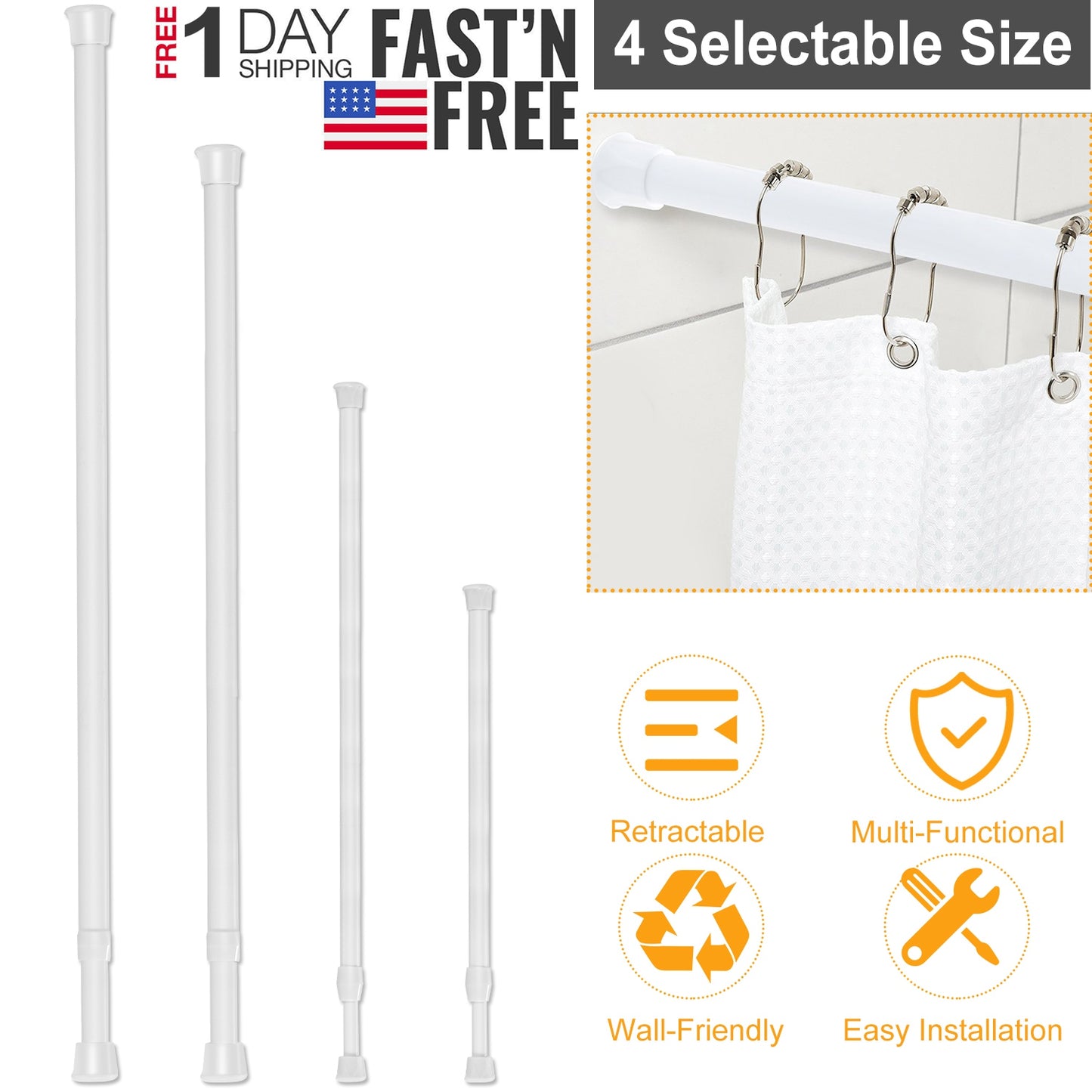 Tension Curtain Rod Adjustable Spring-Loaded Steel Pole