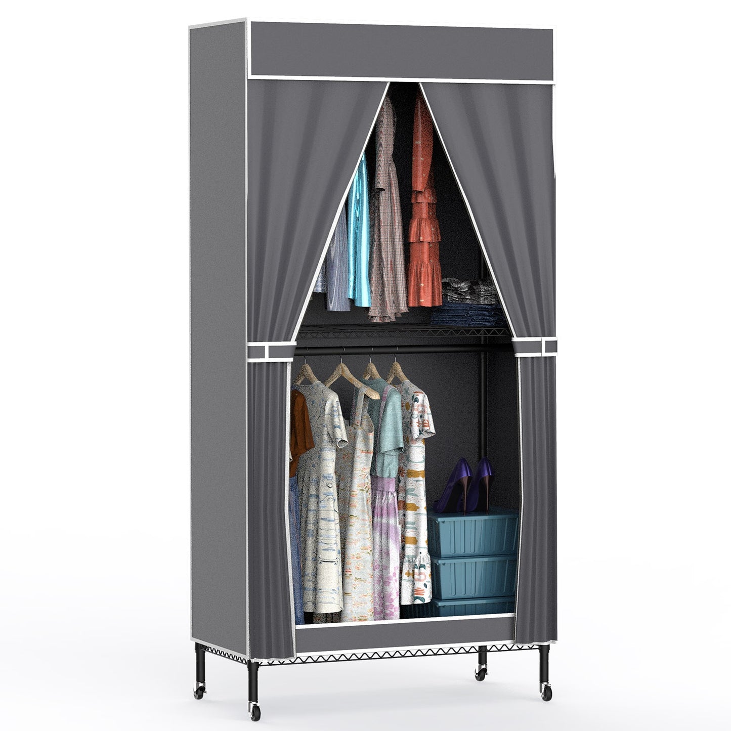 2-Tier Portable Clothing Rack with Cover and Wheels