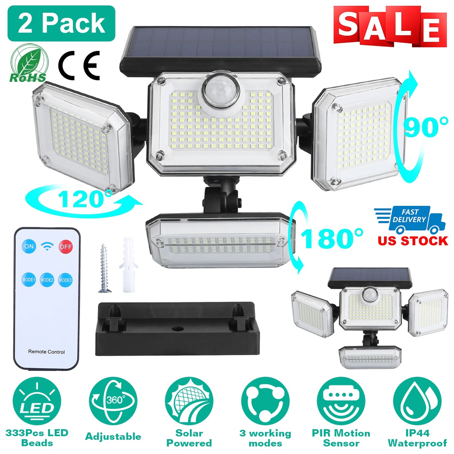 Solar Motion Sensor Wall Light 2-Pack with 333 LED Beads