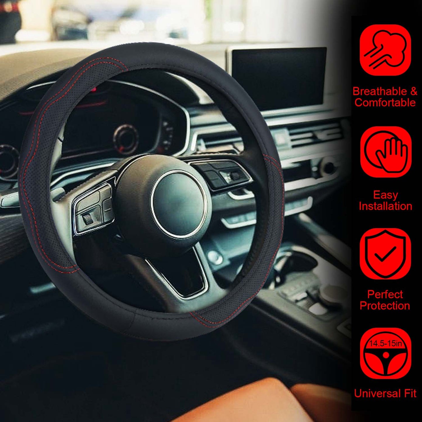 Steering Wheel Cover 14.5-15" Universal Fiber Leather
