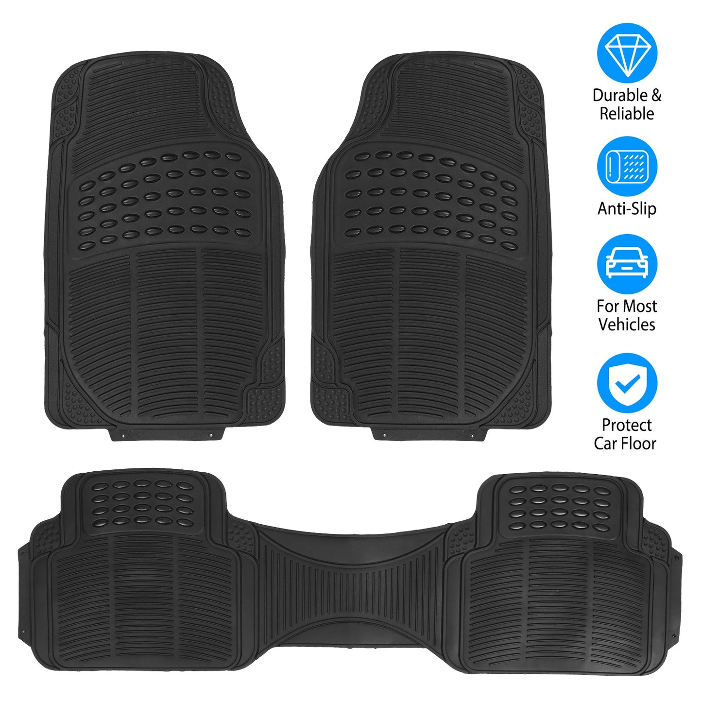 Car Floor Mats Set 3-Piece Heavy Duty PVC Rubber Trimmable