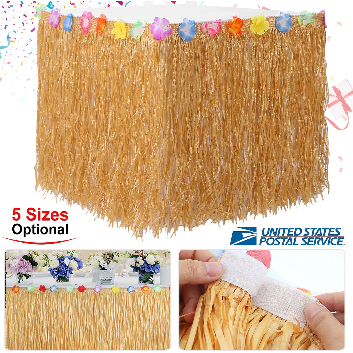 Grass Table Skirt with Hibiscus Flowers for Luau Party