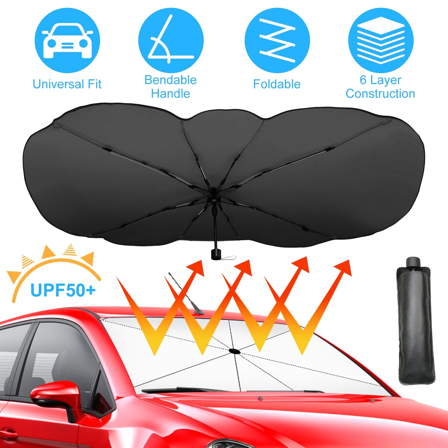 Foldable Car Windshield Sun Umbrella 57x33" UPF50+ Silver