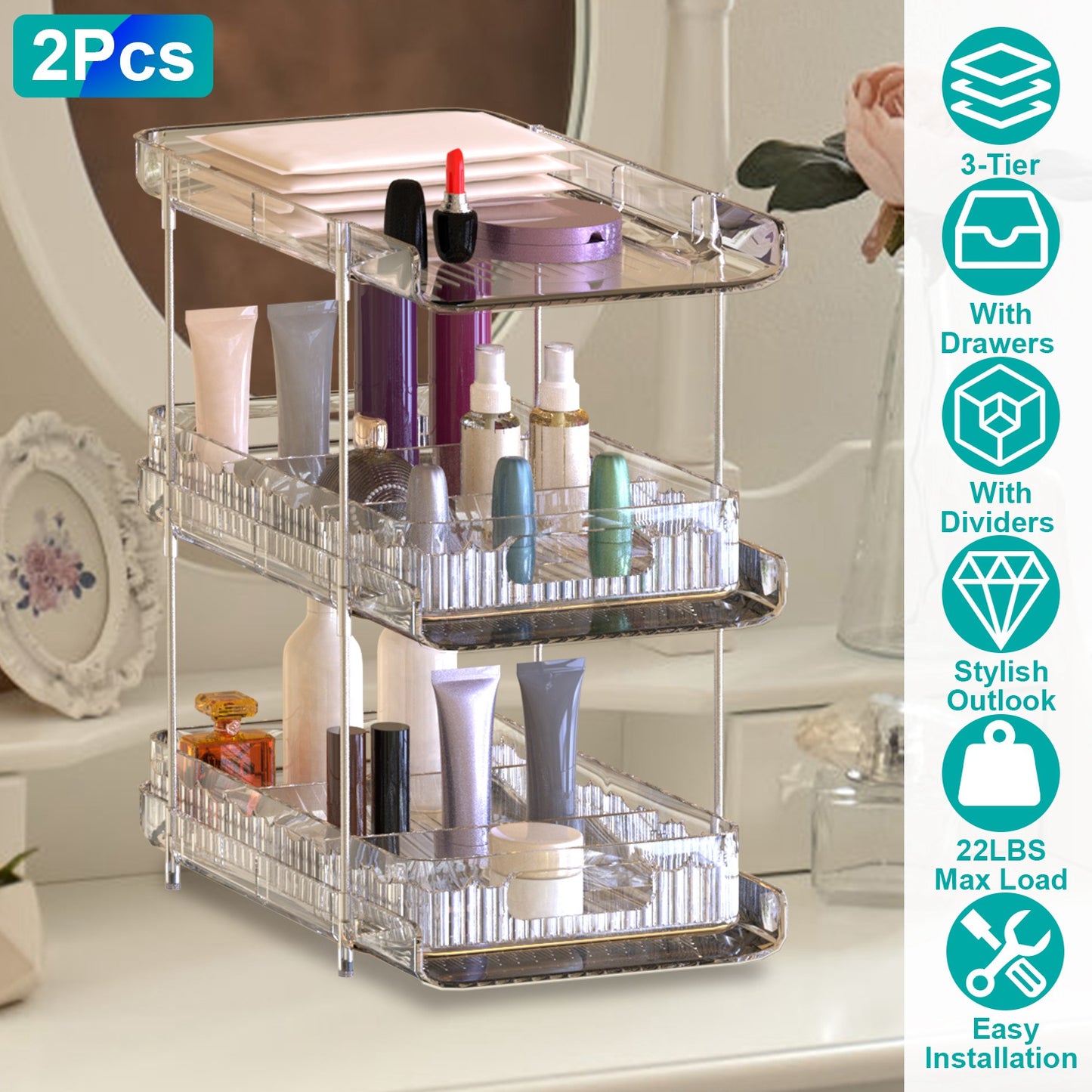 3-Tier Clear Bathroom Organizer with Drawers (2-Pack)