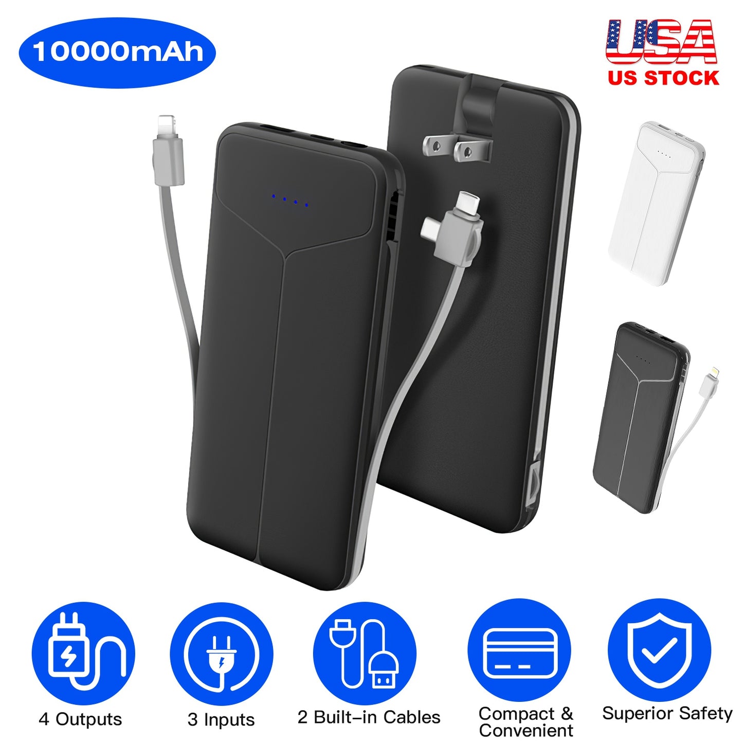 10000mAh Power Bank with Built-In Cables & US Plug