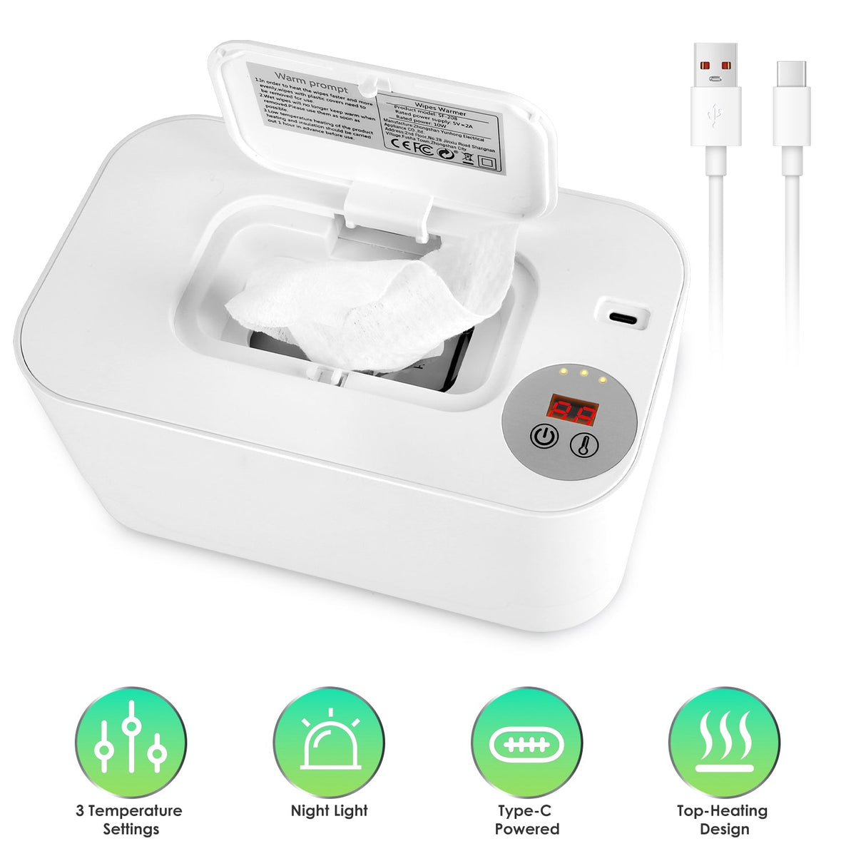 Baby Wipe Warmer With 3 Temperature Settings Type-C Powered Baby Wet Wipes Dispenser With Night Light Large Capacity Diaper Wipe Warmer For Baby
