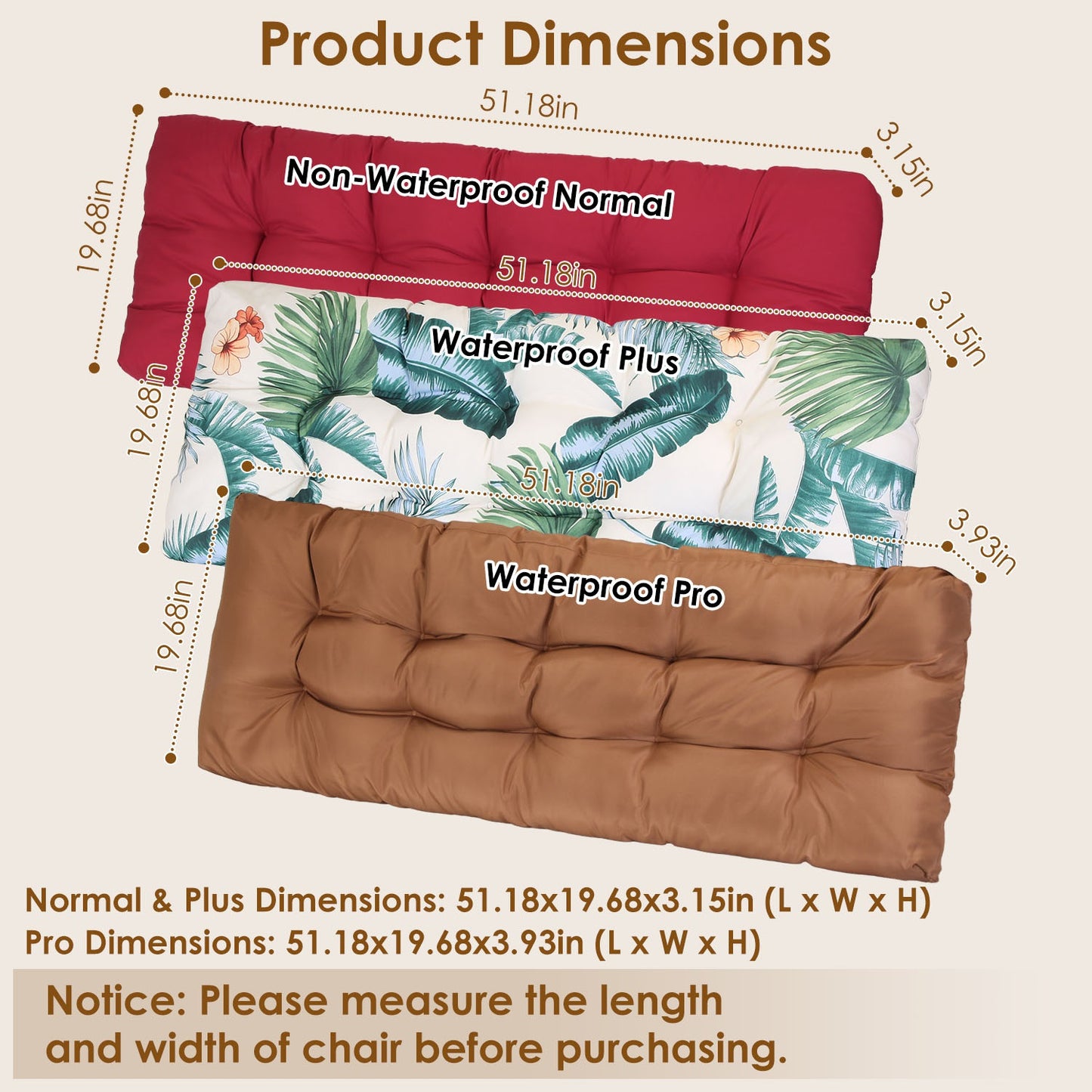 Bench Seat Cushion 51x20in Waterproof with Ties for Outdoor