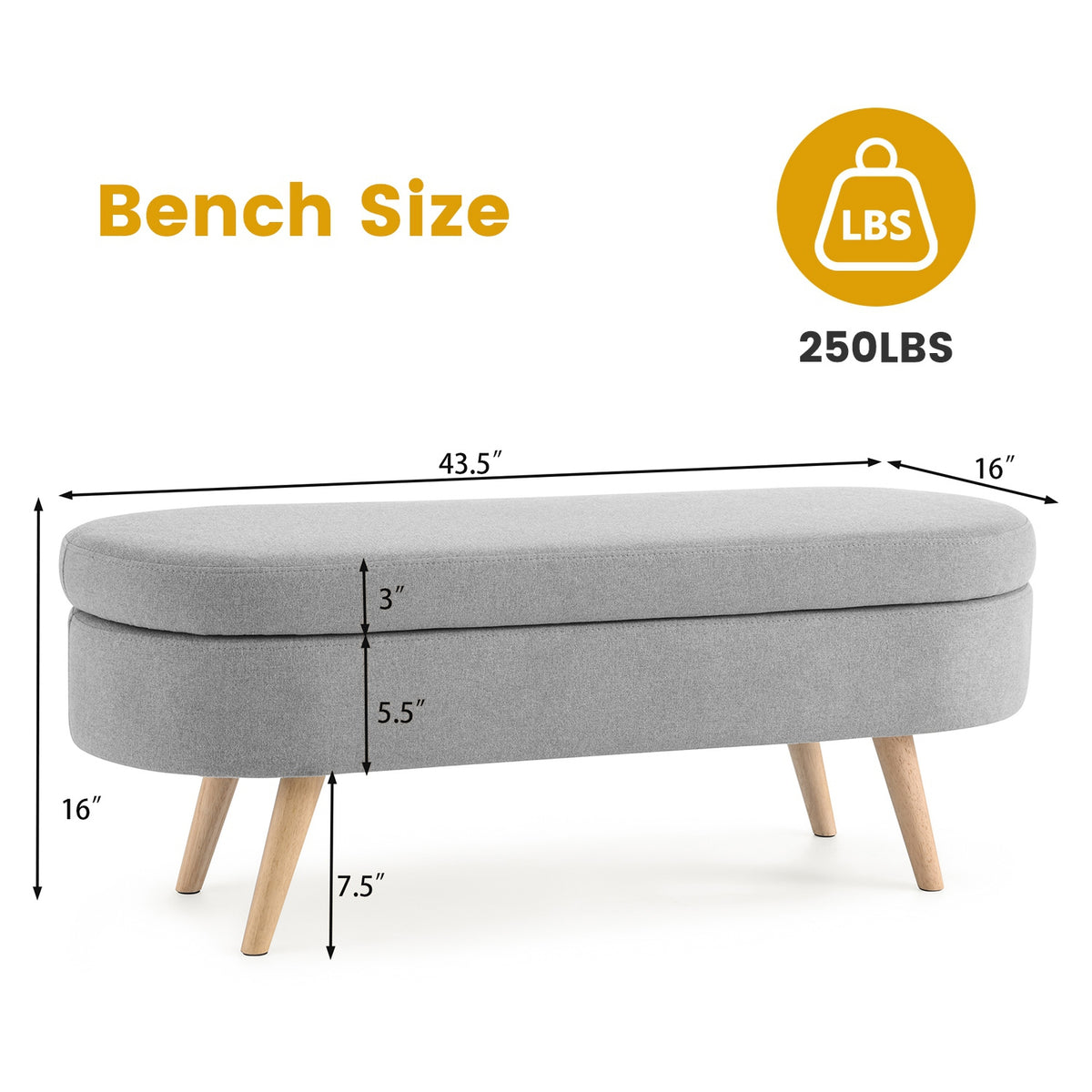 Oval Storage Ottoman Bench, Upholstered Storage Bench with Rubberwood Legs, Multifunctional Entryway Bench for Bedroom L