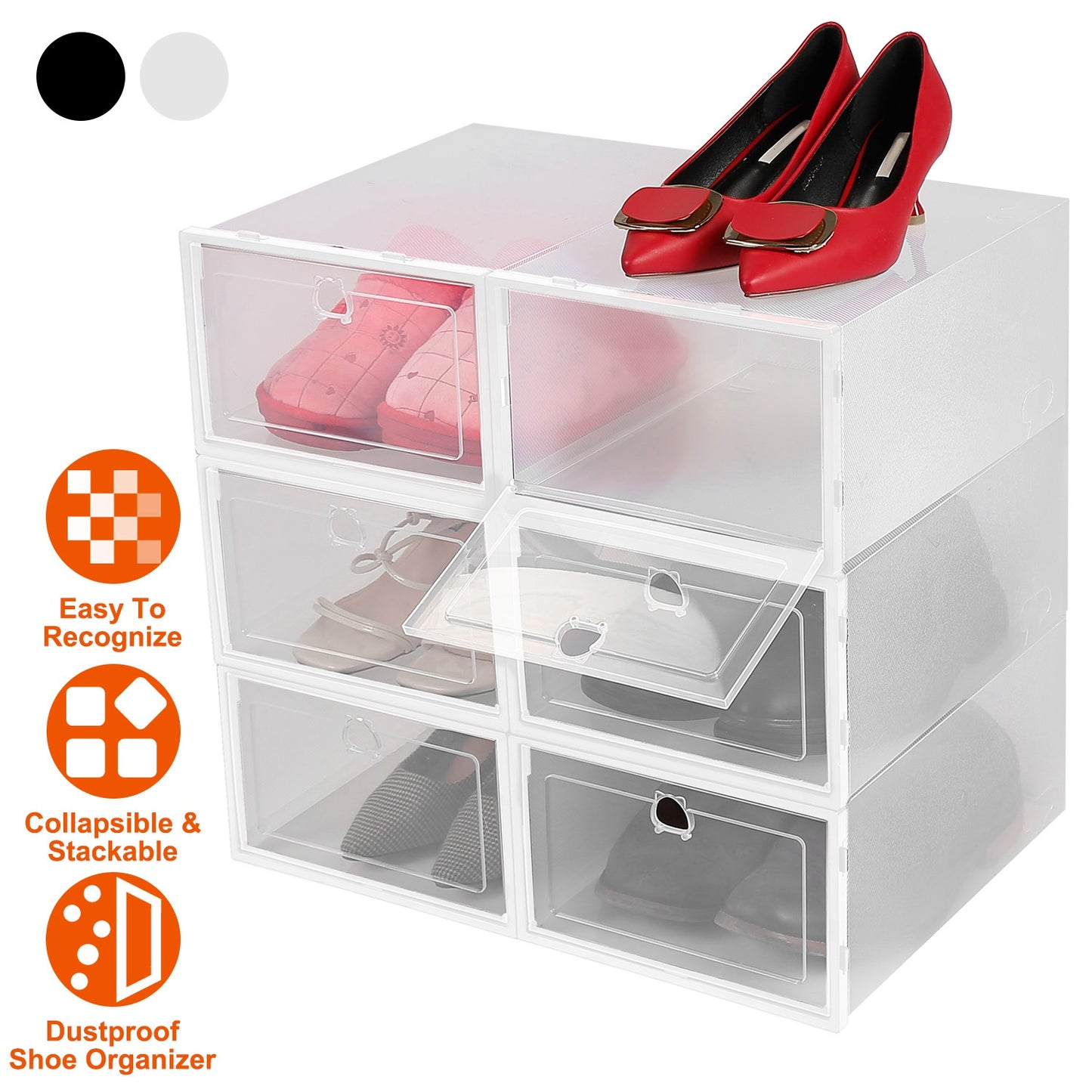 Collapsible Shoe Storage Boxes - Stackable Clear Organizer (6-Pack)