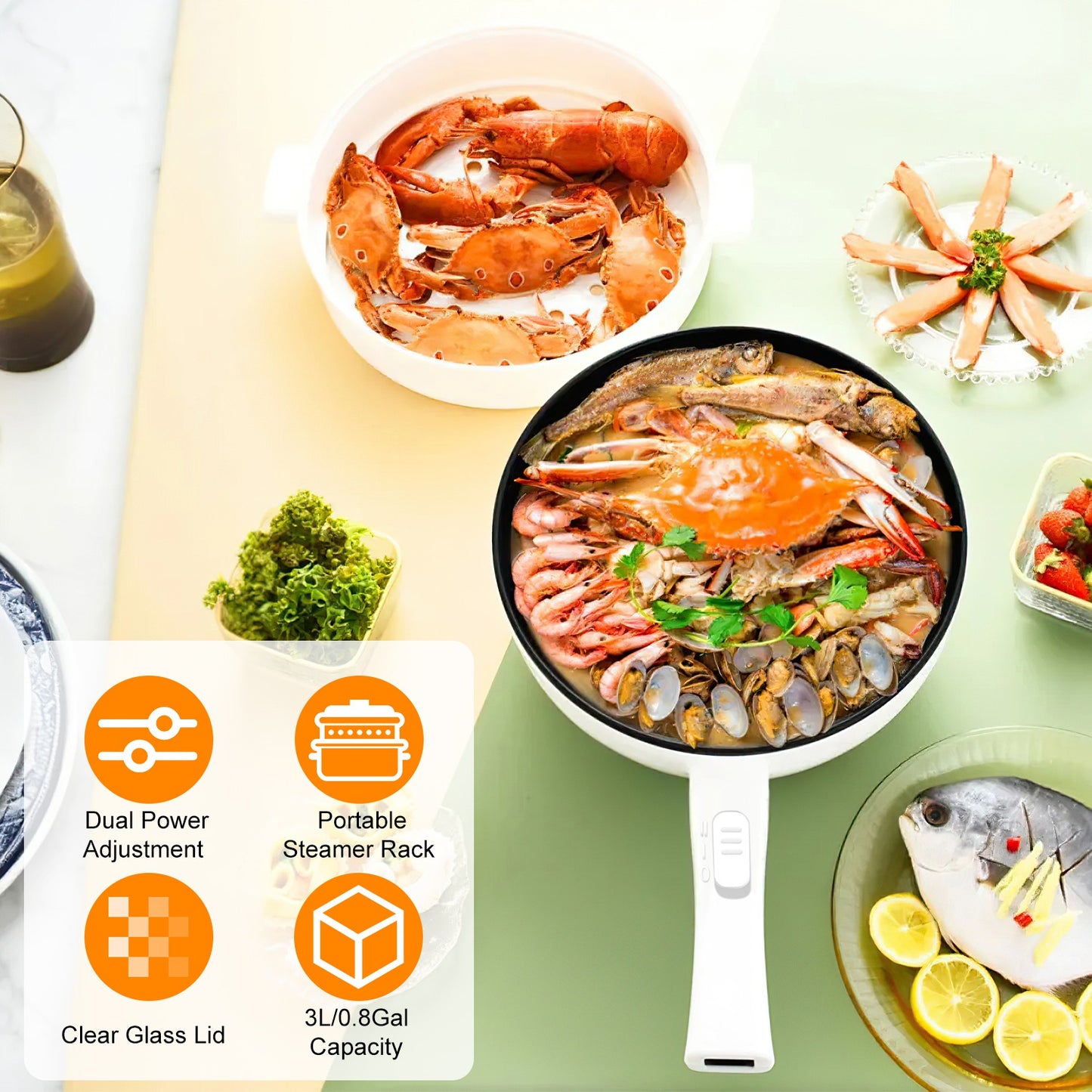 Electric Hot Pot with Steamer Rack - 3L Non-Stick Cooker