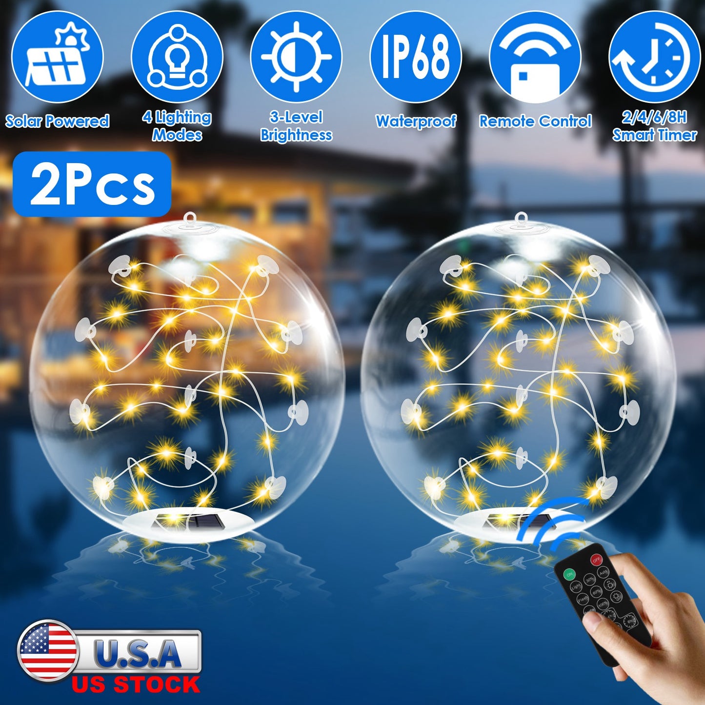 Solar Floating Pool Lights 14in with Remote Control (2-Pack)