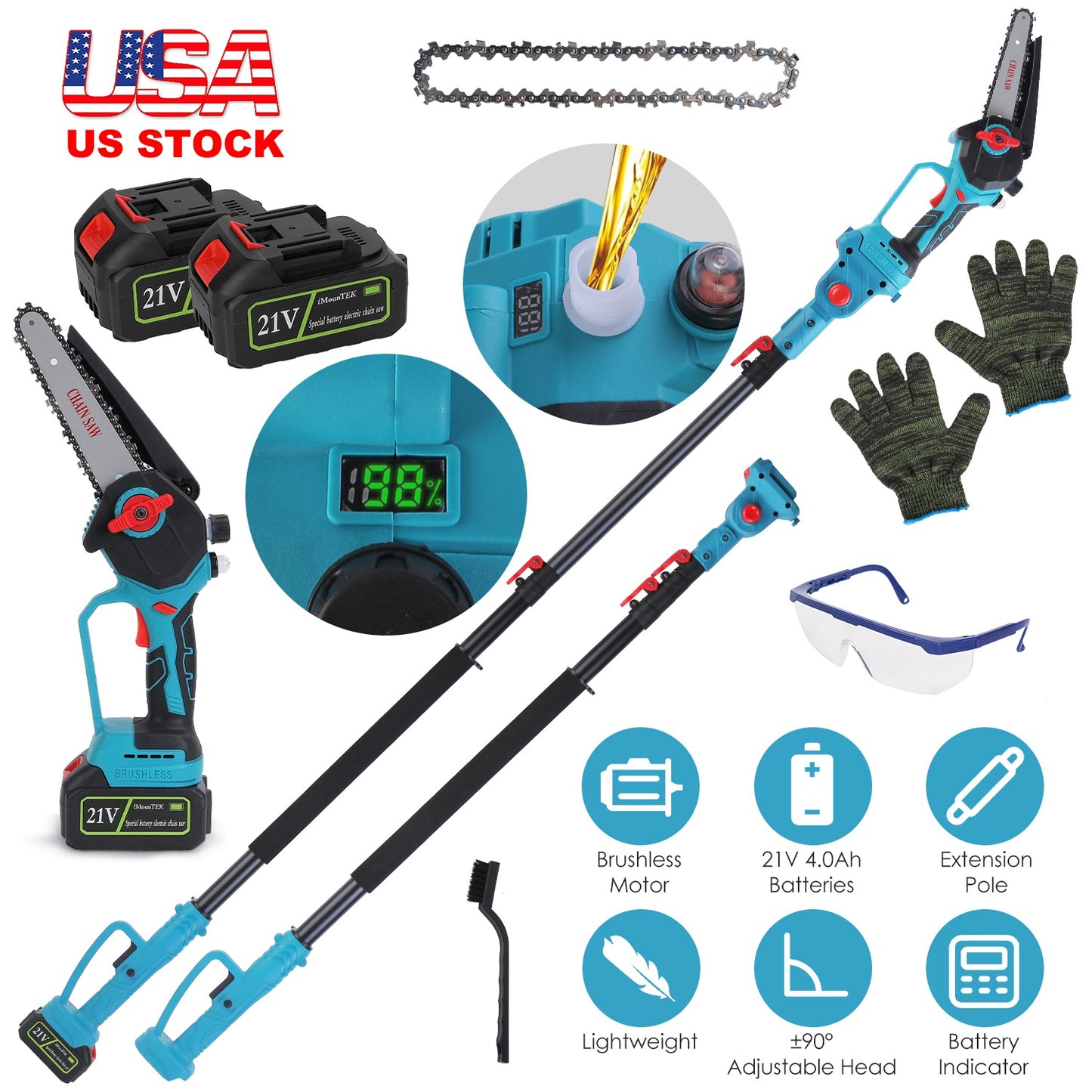 Cordless Pole Saw 2-in-1 with Extension Pole 21V Brushless