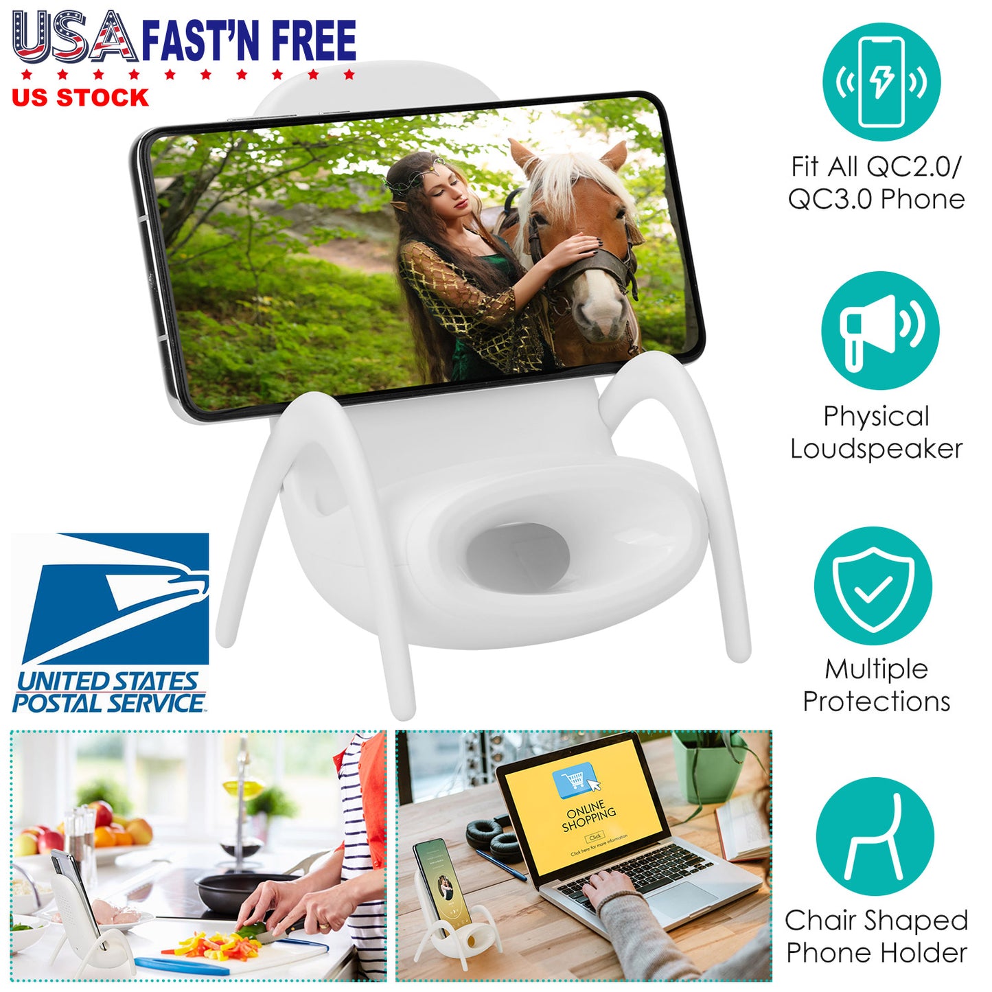 Wireless Charger Phone Stand with Speaker - Mini Chair Design