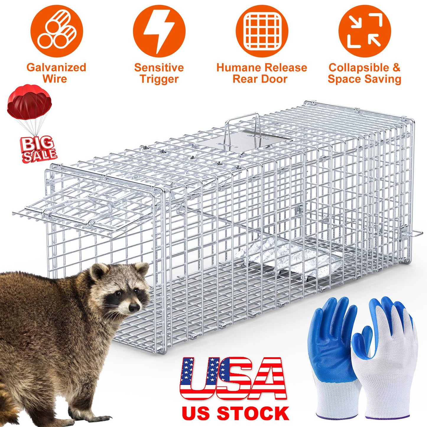 Live Animal Trap Cage 37x14x15in Humane Catch & Release