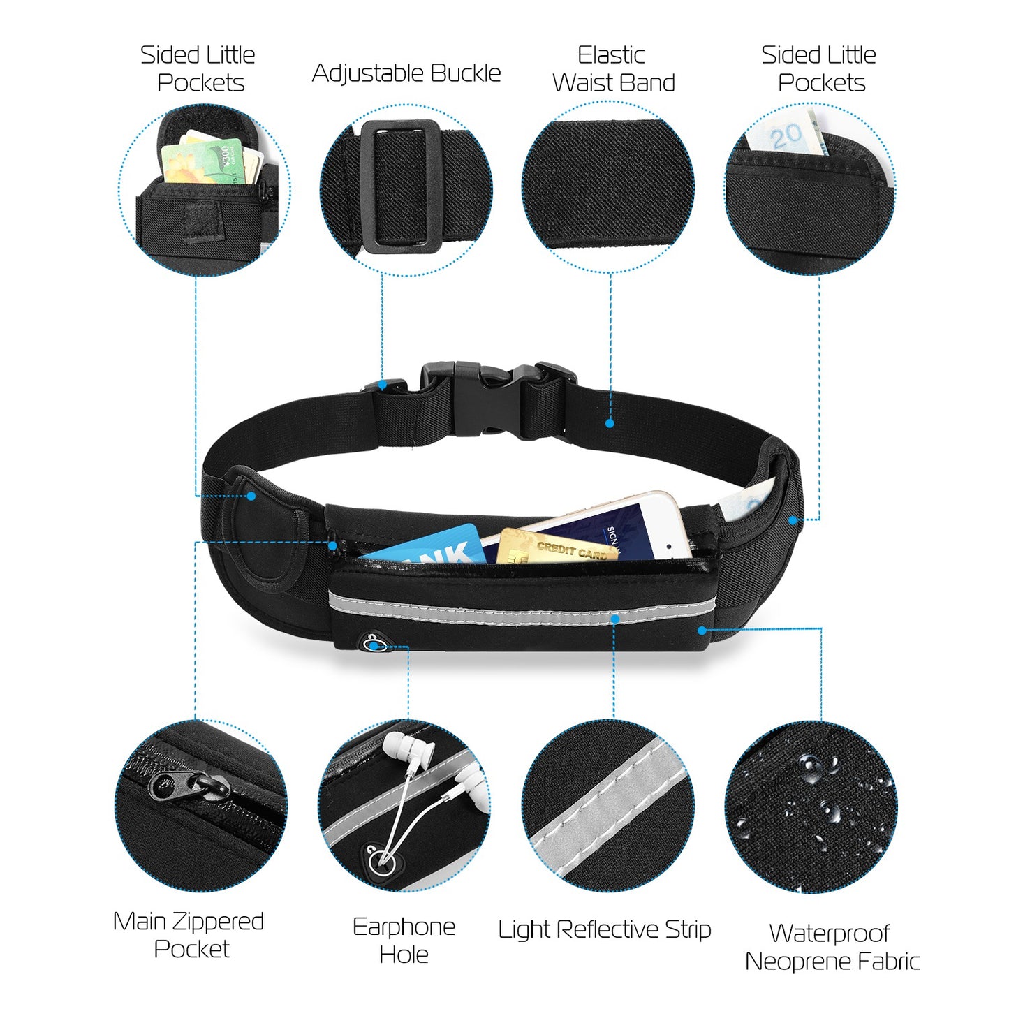 Running Belt Bag Waterproof Adjustable Waist Pack with Pockets